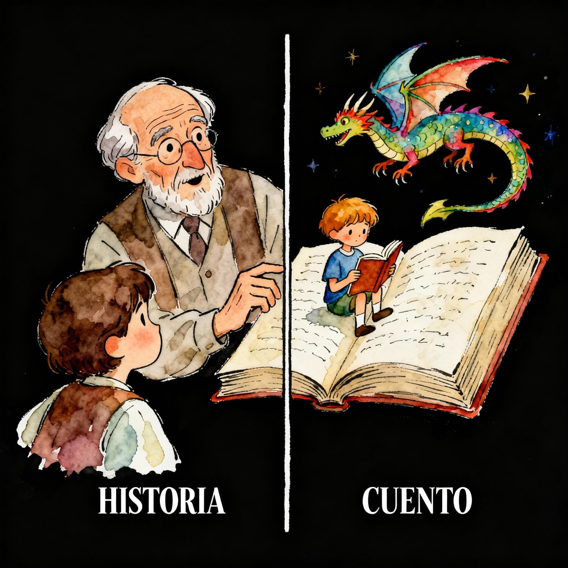 Charming ink and watercolor painting, clean lines, vibrant but soft color palette, storybook style, dark background. A split image showing two distinct scenes separated by a vertical line. On the left side, labeled 'HISTORIA', there is a serious, elderly man recounting a memory to a young listener. On the right side, labeled 'CUENTO', there is a whimsical, colorful scene of a child reading a book where a dragon is flying off the page.