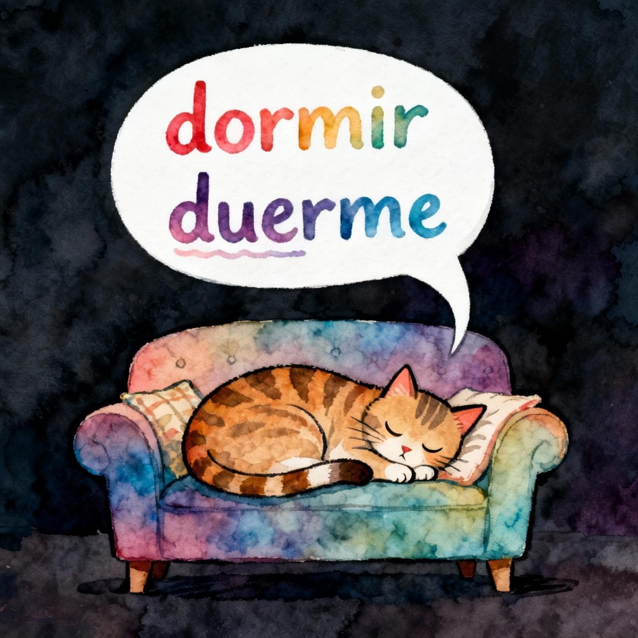 A stylized, sleeping cat curled up on a comfy sofa. A speech bubble above the cat shows the verb "dormir" transforming into "duerme", with the "o" changing to "ue". Ink and watercolor, vibrant but soft colors, storybook style, dark background.