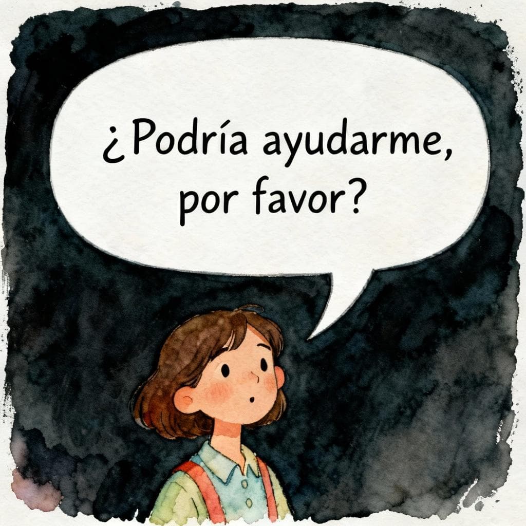 Charming ink and watercolor painting, clean lines, vibrant but soft palette, storybook style on a dark background. Single person speaking politely, large clear speech bubble with: '¿Podría ayudarme, por favor?'. Simple vignette, no background details.