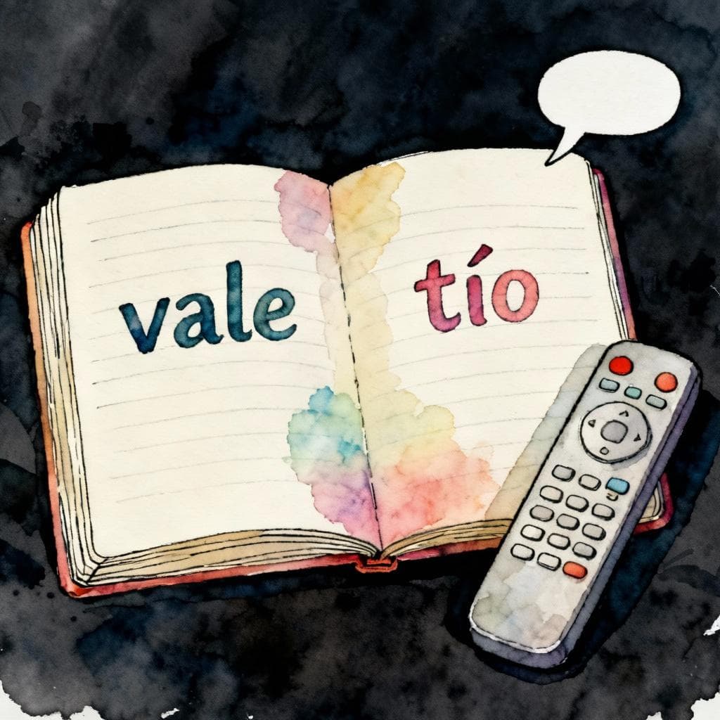 Simple vignette: an open notebook with two Spanish words written “vale” and “tío”, a remote control beside it, and a small speech bubble; ink-and-watercolor, clean lines, vibrant yet soft palette, storybook style on a dark background