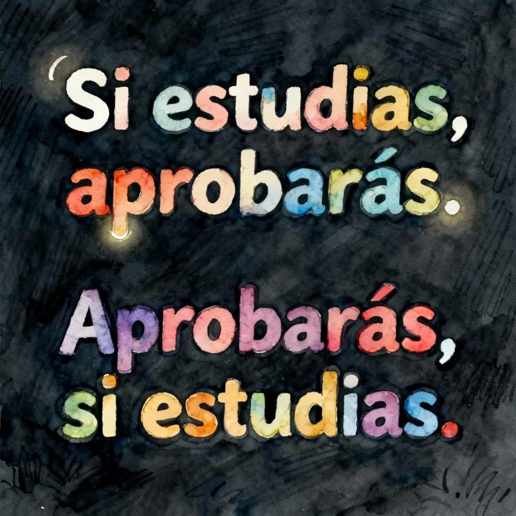 Two hand-lettered example lines on a dark background in ink and watercolor: line 1 shows 'Si estudias, aprobarás.' with a small highlight on the comma; line 2 shows 'Aprobarás si estudias.' with no comma. Simple layout, clean lines, soft vibrant colors, storybook style.