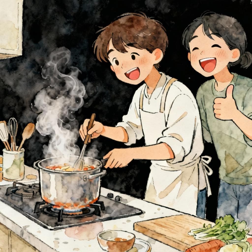 A person happily and skillfully cooking at a kitchen counter, with steam rising from a pot. Another person is watching with a big, impressed smile, giving a thumbs-up. The scene is warm and cozy. Charming ink and watercolor painting, clean lines, vibrant but soft color palette, storybook style, dark background.