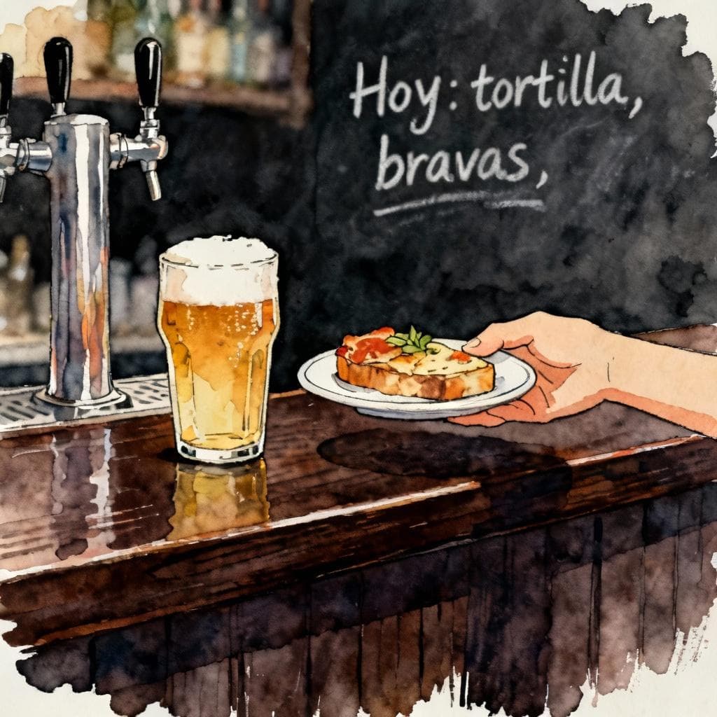 A simple scene of a free tapa next to a small draft beer on a dark wooden bar; a hand offers the small plate; soft chalkboard text “Hoy: tortilla, bravas” blurred in the background. Charming ink and watercolor painting, clean lines, vibrant but soft color palette, storybook style. dark background.