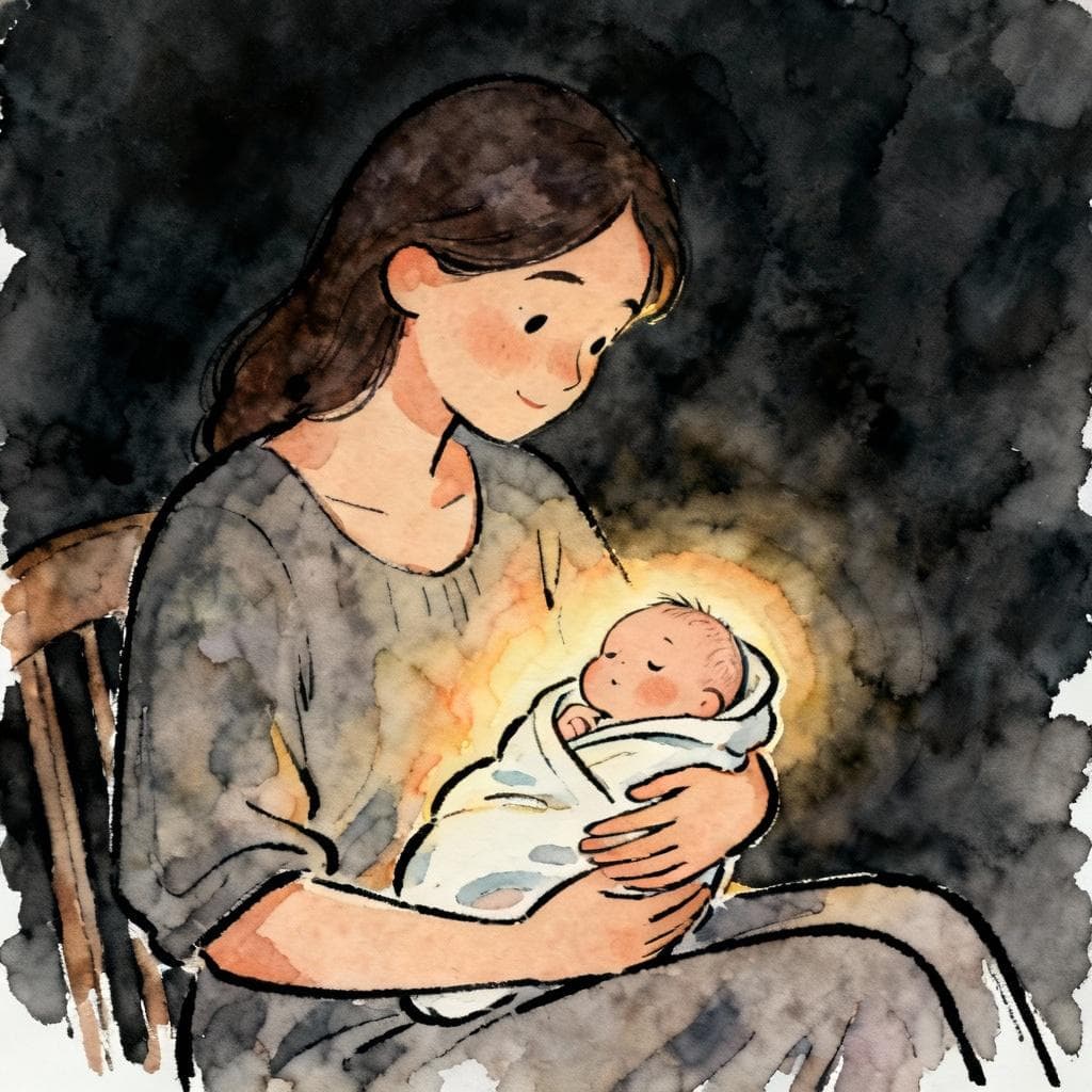 Charming ink and watercolor painting, clean lines, vibrant but soft colors, storybook style on a dark background: a calm mother seated, gently cradling a newborn wrapped in a small blanket; a warm, subtle glow emanates from the baby; minimal background details, no text