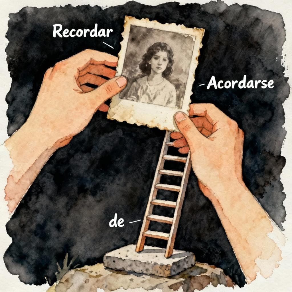 Charming ink and watercolor painting, storybook style, dark background. Two hands reaching out to grab a memory object (an old photo). One hand is reaching directly and successfully (labeled 'Recordar'). The second hand requires a small, supportive ladder or stepping stone labeled 'de' to reach the same memory object (labeled 'Acordarse'). Simple, clear comparison of direct vs. prepositional verbs.