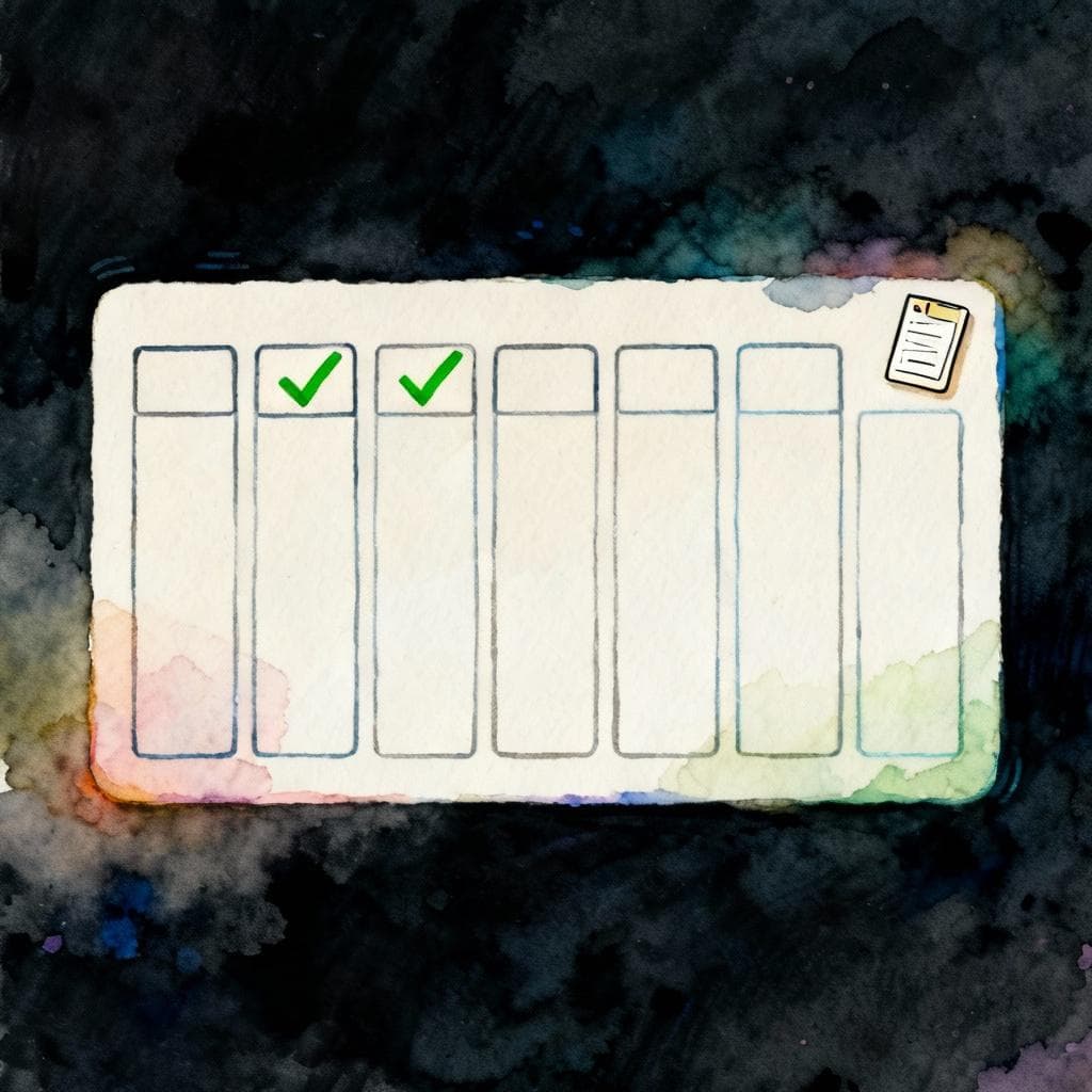 Charming ink and watercolor painting, clean lines, vibrant but soft colors, storybook style, dark background. A simple weekly planner with seven boxes and a couple of green checkmarks, plus a tiny flashcard icon. Minimal elements, no people, uncluttered.