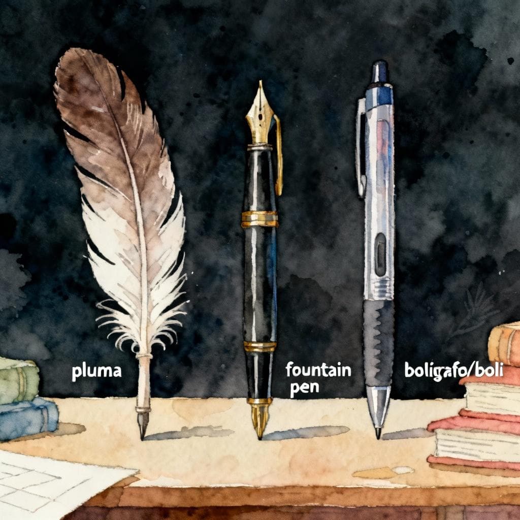 Three pens side by side on a desk: a feather quill (pluma), a classic fountain pen, and a modern ballpoint pen (bolígrafo/boli). Charming ink and watercolor painting, clean lines, vibrant but soft colors, storybook style, dark background, minimal labels near each pen.