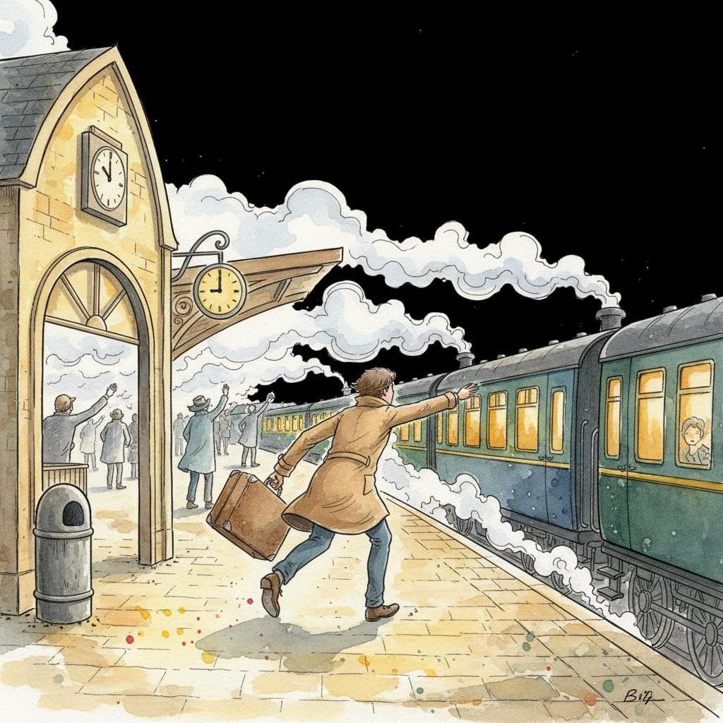 A person arriving at a train station platform just as the train is pulling away from the station. Charming ink and watercolor painting, clean lines, vibrant but soft color palette, storybook style. black background.