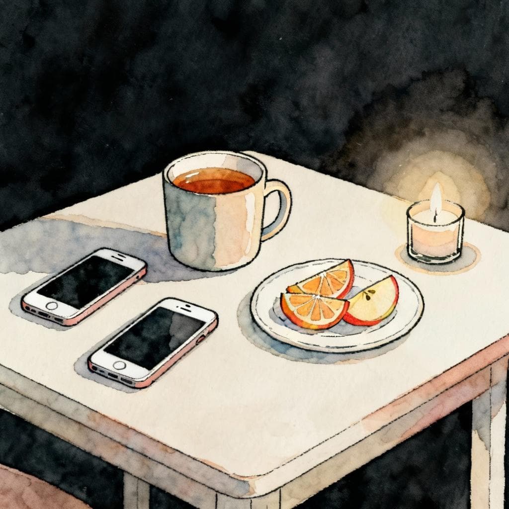 Cozy home table scene: one mug of tea, a small plate with a few fruit slices, two phones placed face down to the side, and a small candle; minimal, calm composition; charming ink and watercolor, clean lines, vibrant but soft colors, storybook style, dark background