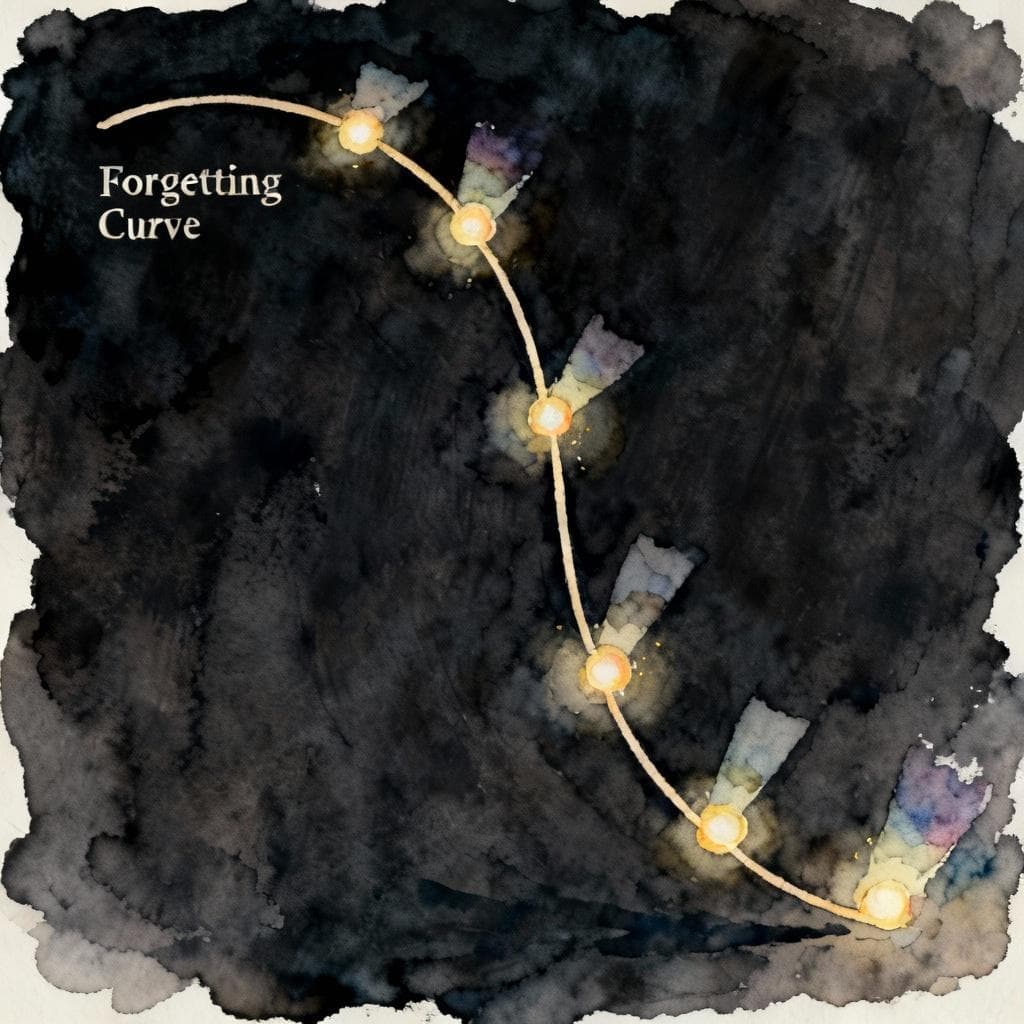 A simple, elegant chart on a dark background, showing a single downward curving line representing the "Forgetting Curve." At several points along the curve, small, glowing watercolor "boosts" push the line back up, with the space between boosts getting wider each time. Charming ink and watercolor painting.