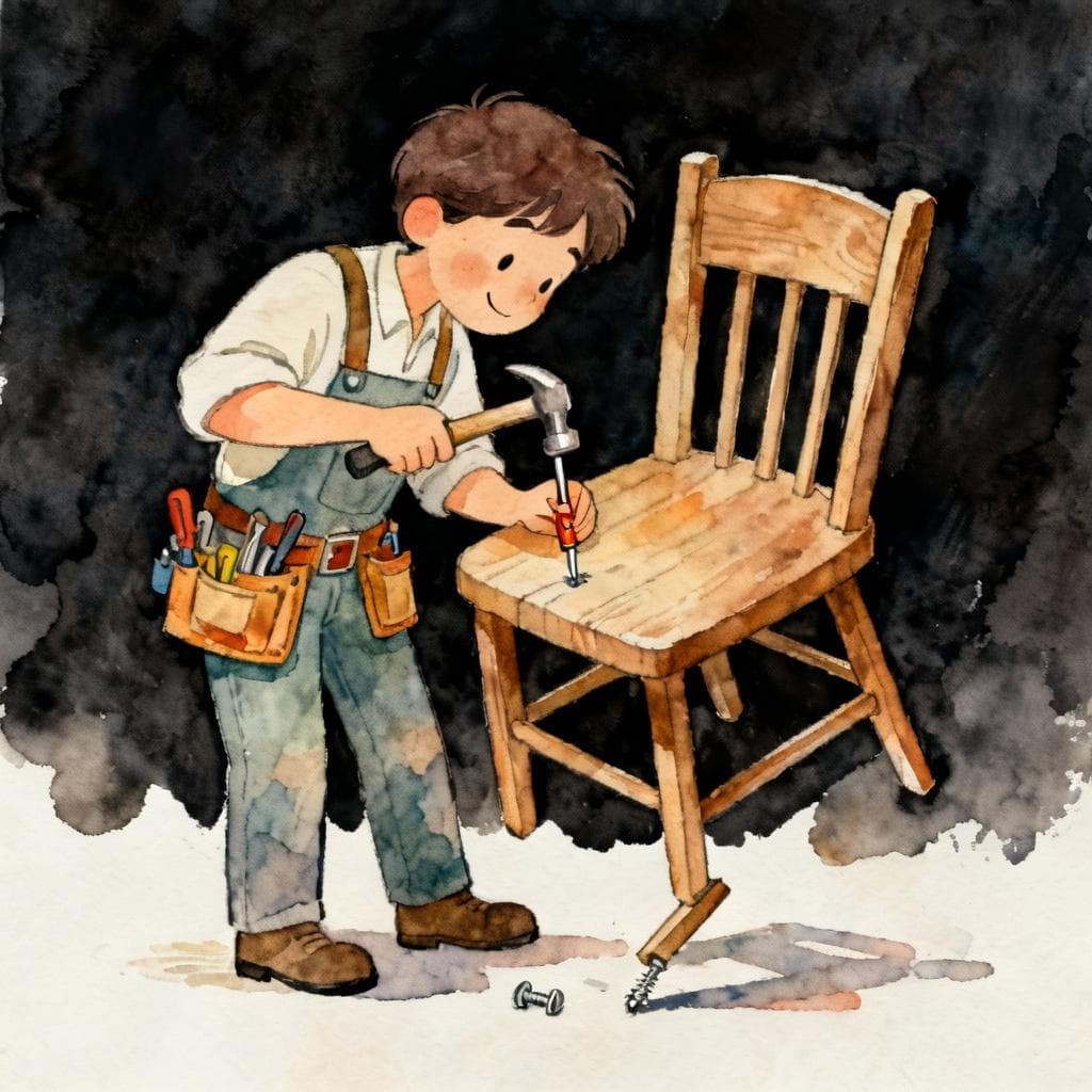 Charming ink and watercolor painting, clean lines, vibrant but soft color palette, storybook style, dark background. A person wearing a tool belt is confidently fixing a wobbly wooden chair using a small hammer and screwdriver. The person has a focused, satisfied expression.