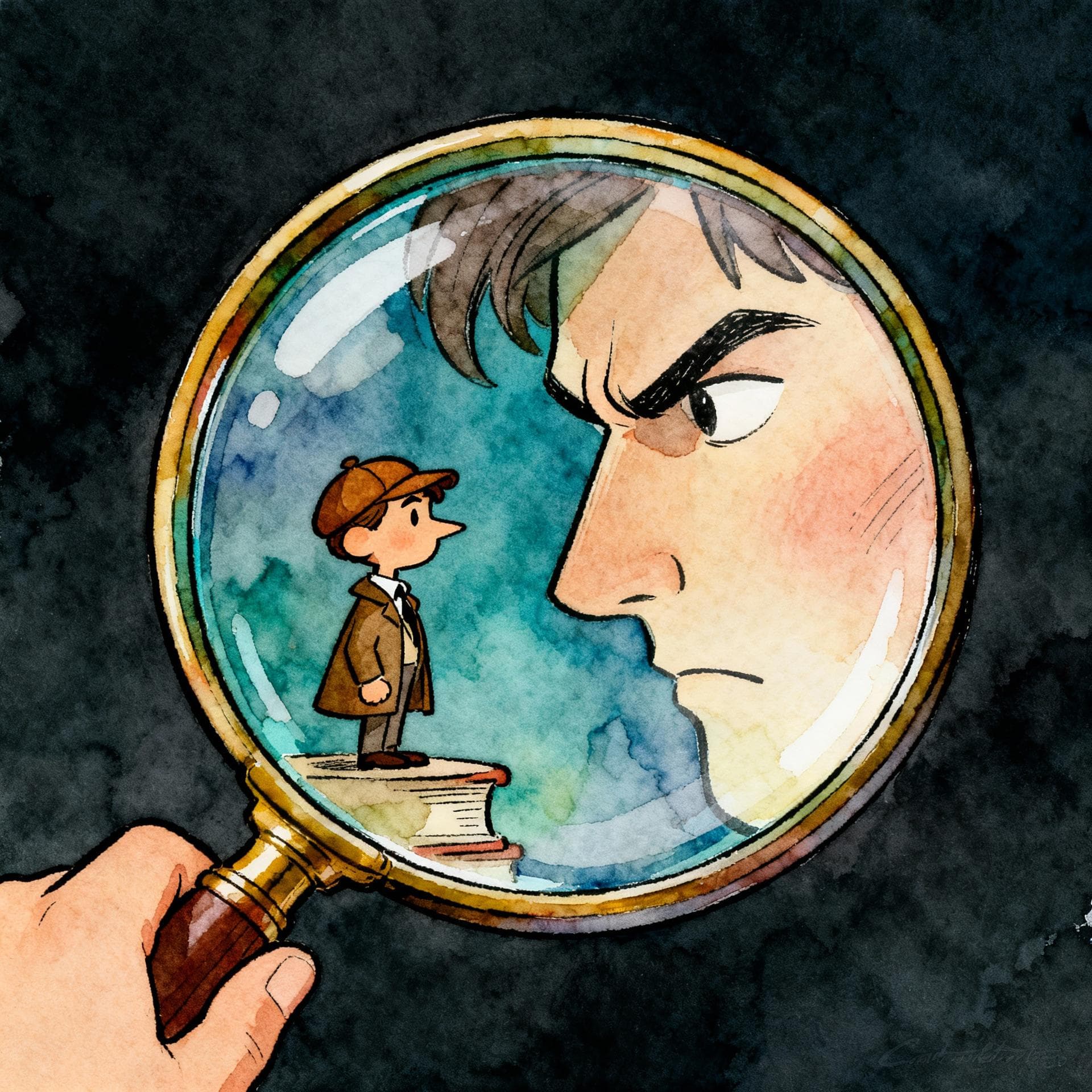 Charming ink and watercolor painting, clean lines, vibrant but soft color palette, storybook style, dark background. A magnifying glass is held over a small, detailed illustration of a fictional detective (representing 'Personaje'). The magnifying glass is also reflecting a separate, abstract image of a strong, determined face (representing 'Carácter').