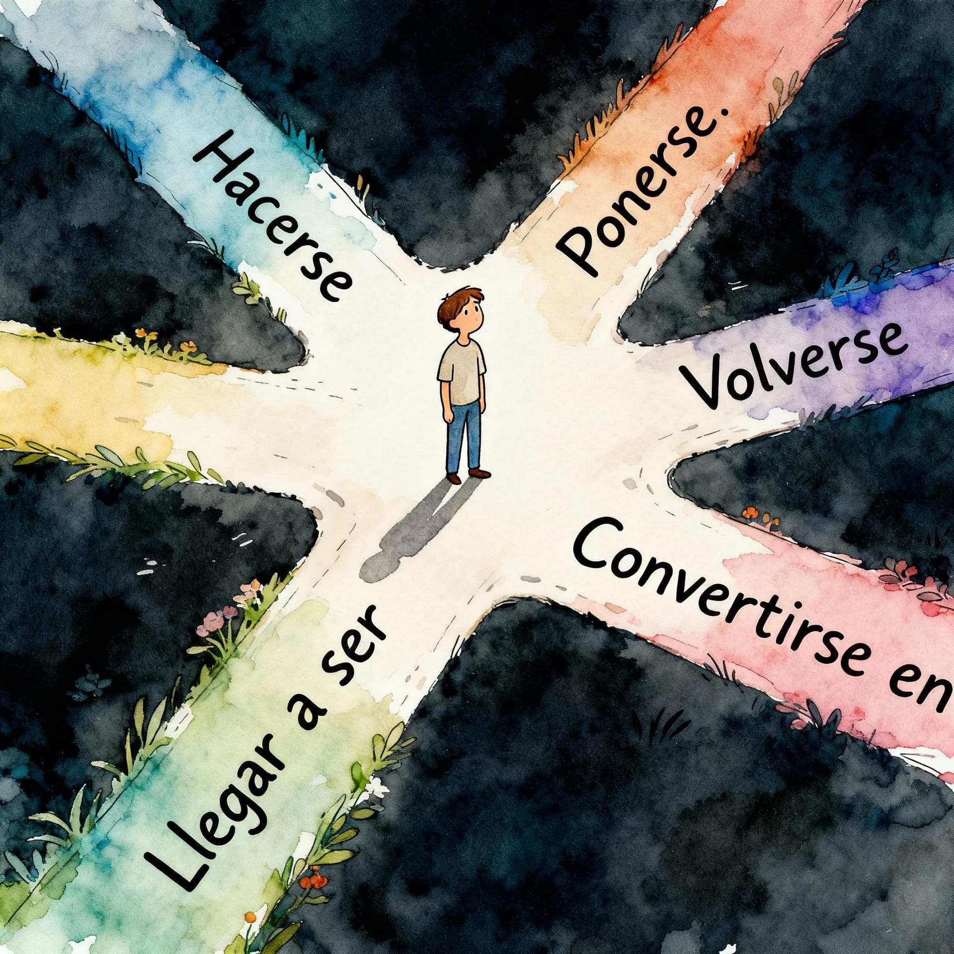 Charming ink and watercolor painting, clean lines, vibrant but soft color palette, storybook style, dark background. A single, confused person standing at a crossroads. Five distinct, labeled paths diverge from the center: 'Hacerse', 'Ponerse', 'Volverse', 'Llegar a ser', and 'Convertirse en'.