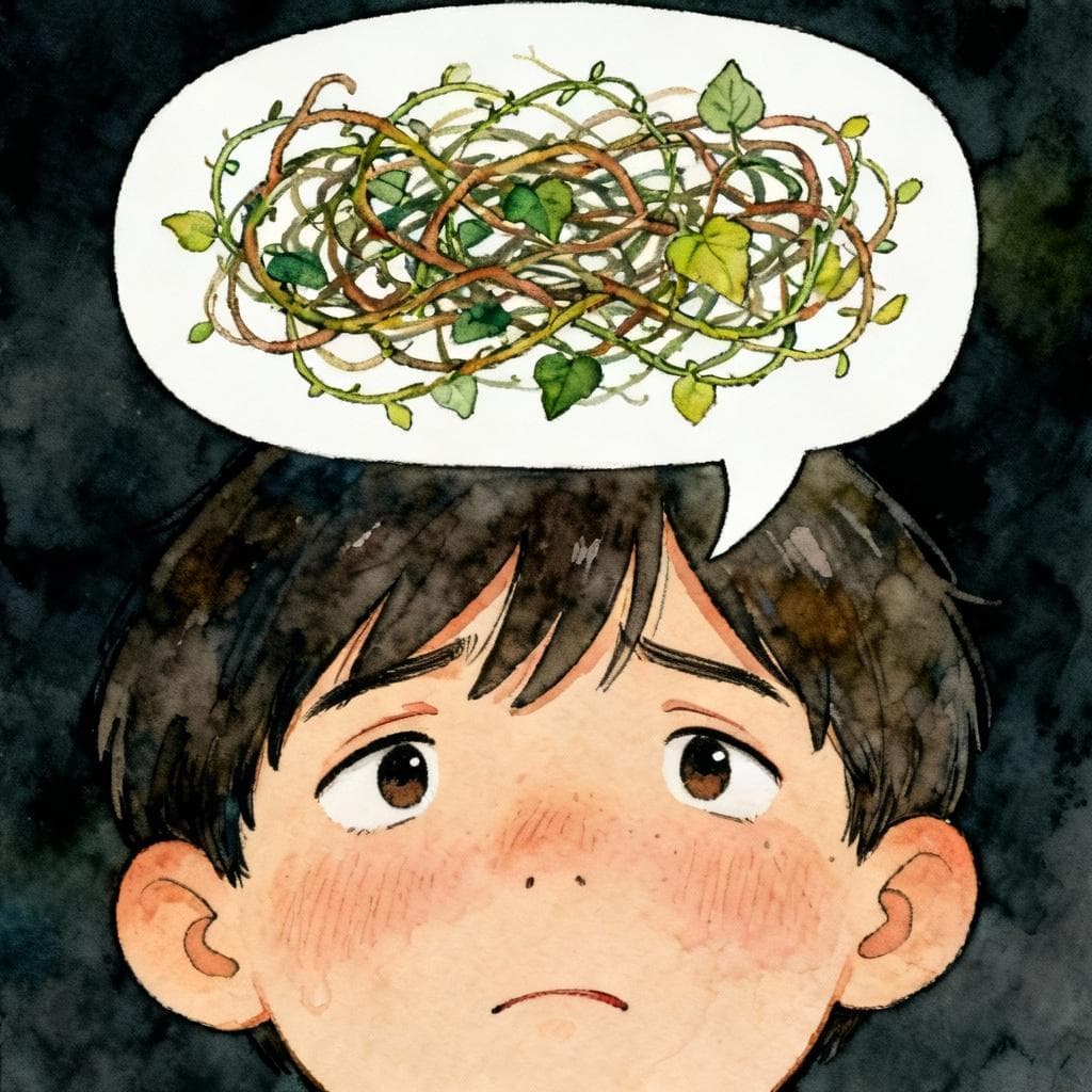A close-up illustration of a person's face looking slightly embarrassed, with a speech bubble above their head showing a tangled mess of vines and leaves instead of clear words. Charming ink and watercolor painting, clean lines, vibrant but soft color palette, storybook style, dark background.