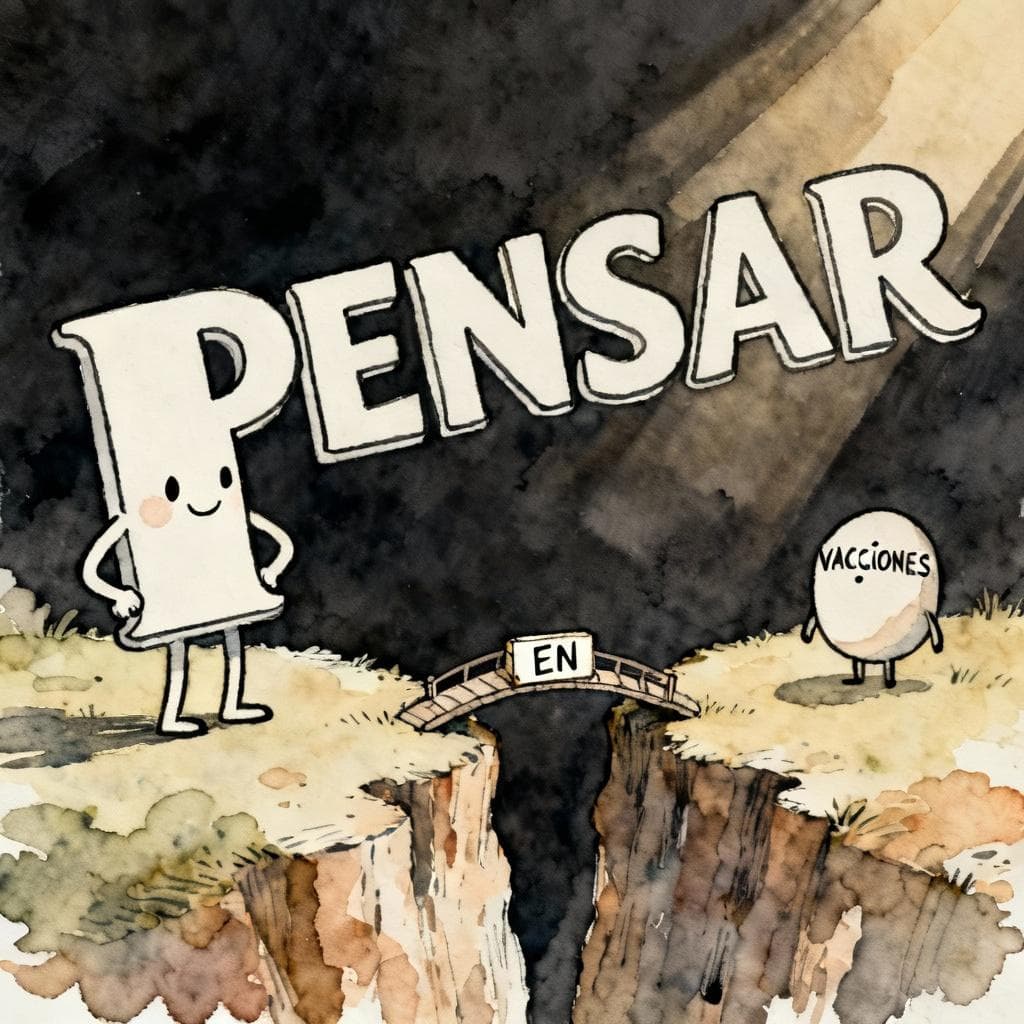 Charming ink and watercolor painting, storybook style, dark background. A large, anthropomorphic Spanish verb (like a stylized, isolated character labeled 'PENSAR') looks across a small chasm at a distant noun (labeled 'VACACIONES'). A tiny, supportive bridge piece labeled 'EN' is successfully connecting the two elements. Focus on the concept of 'connection' between grammar components.