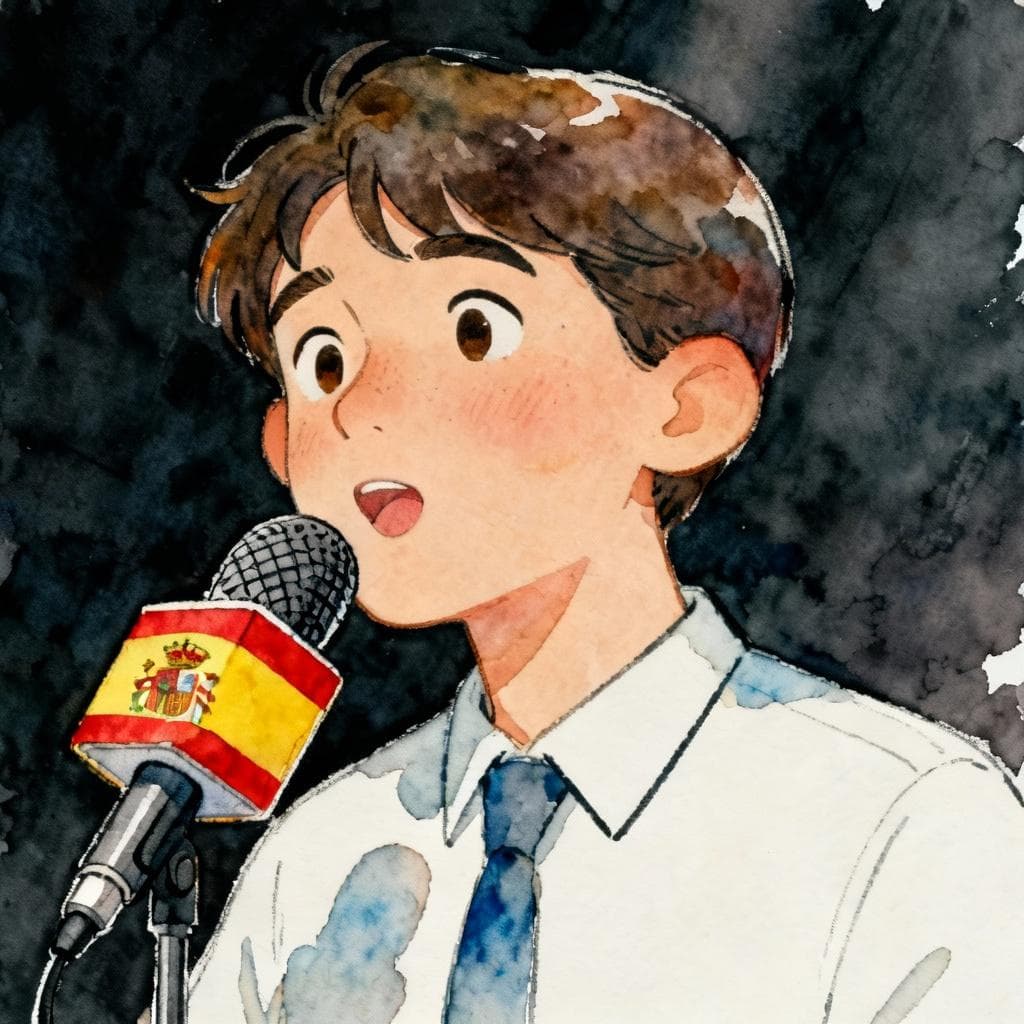 A person confidently speaking into a microphone. The microphone is stylized as a Spanish flag. The person has a thoughtful, expressive face, demonstrating fluency and nuance. Charming ink and watercolor painting, clean lines, vibrant but soft color palette, storybook style, dark background.