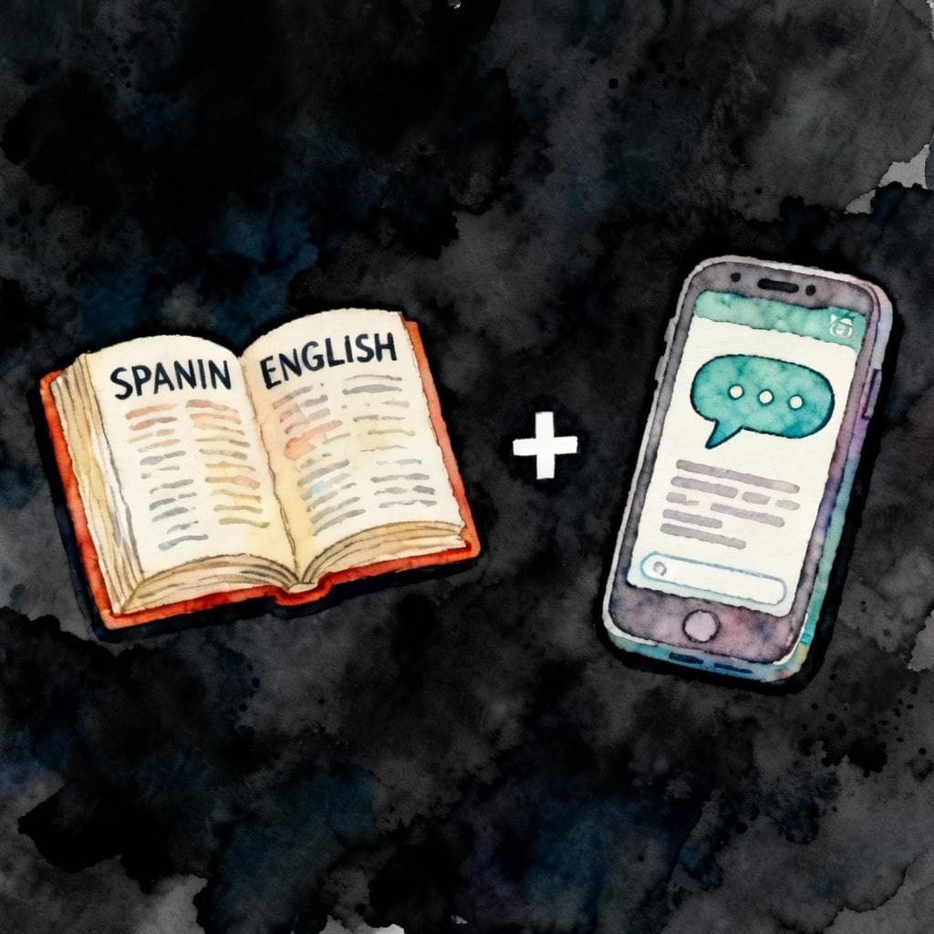 Two simple icons: an open Spanish–English dictionary book and a smartphone translation app with a speech bubble, a small plus sign between them. Charming ink and watercolor painting, clean lines, vibrant but soft color palette, storybook style, dark background.