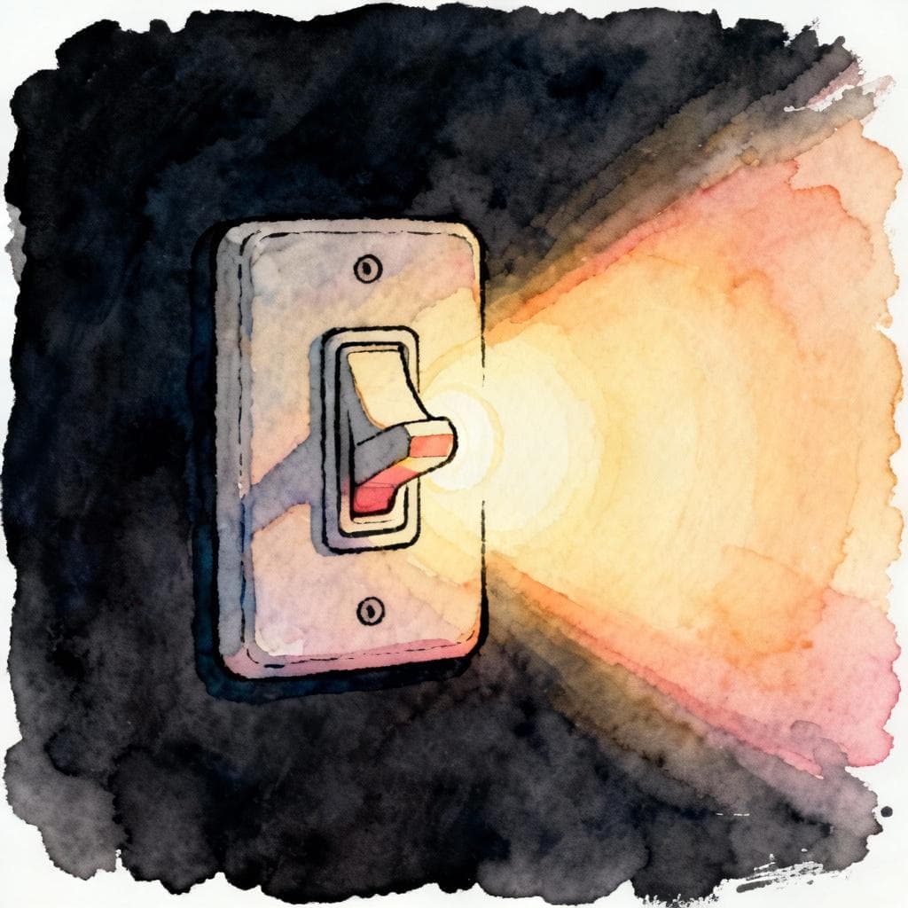 Charming ink and watercolor painting, clean lines, vibrant but soft colors, storybook style on a dark background: a single wall light switch being flipped on; a soft warm glow spreads from the switch; no people; minimal background, no text