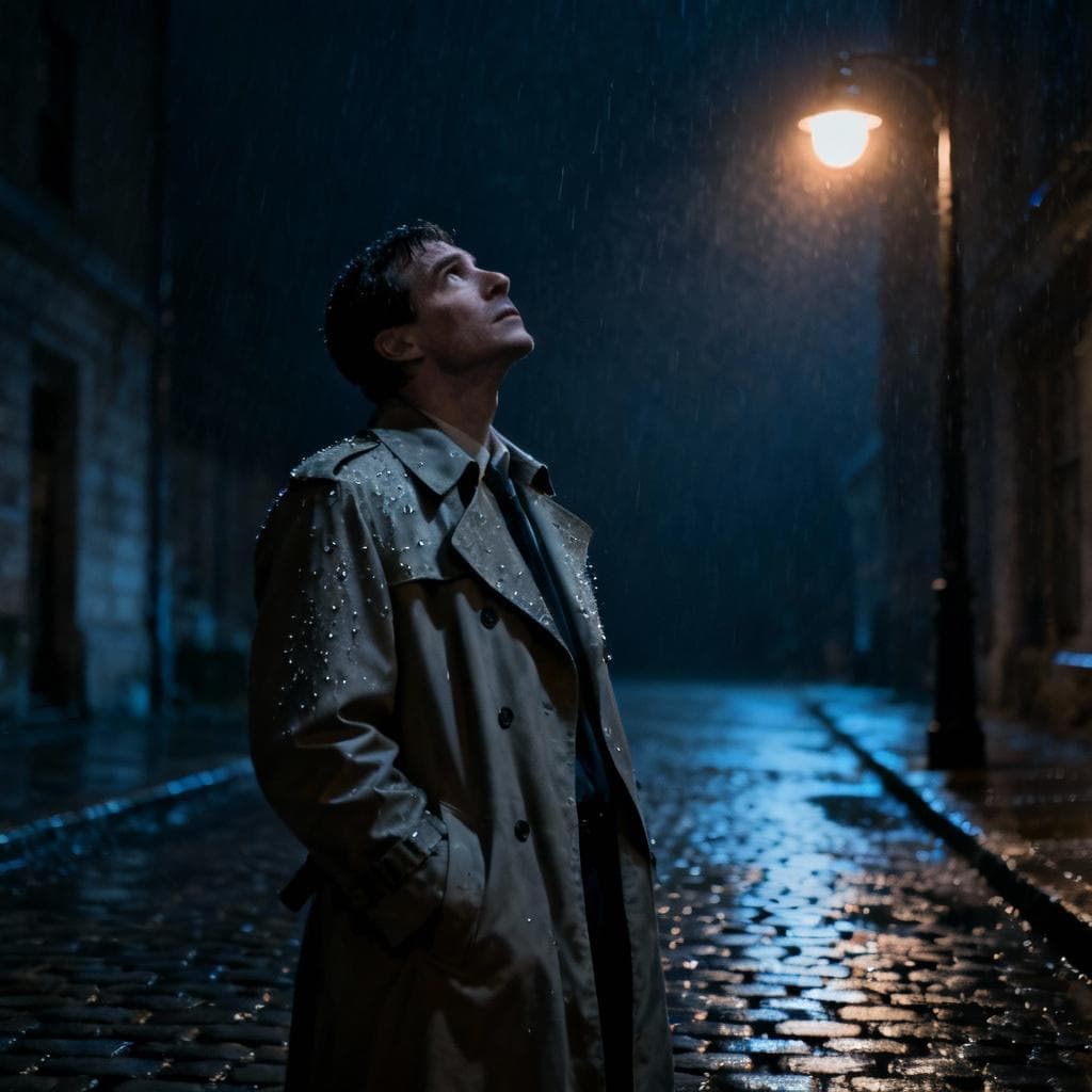 A detective wearing a trench coat stands on a wet, cobblestone street, looking up at a dark sky with a thoughtful expression. A single streetlight illuminates the wet pavement.