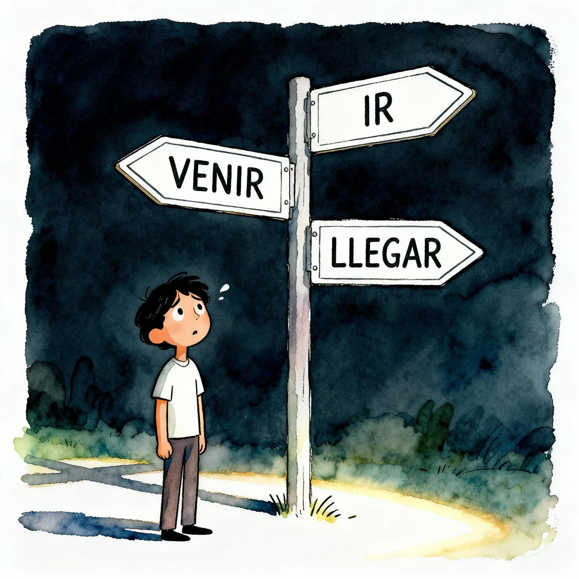 A person standing at a crossroads looking confused, with three simple, stylized road signs pointing in different directions. One sign says 'IR', one says 'VENIR', and one says 'LLEGAR'. Charming ink and watercolor painting, clean lines, vibrant but soft color palette, storybook style, dark background.