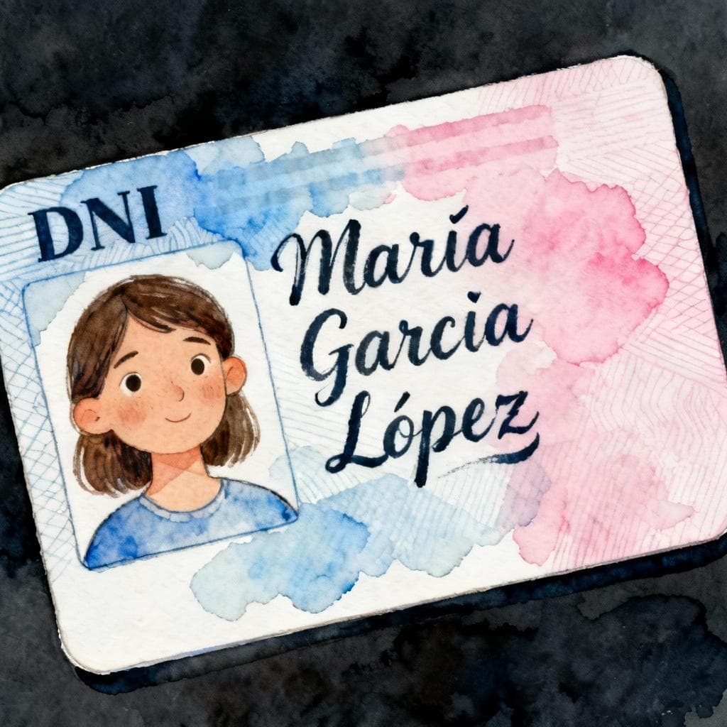 Charming ink and watercolor painting of a Spanish national ID card (DNI) close-up, focusing on a full name with two surnames; clean lines, vibrant but soft colors; simple composition; dark background; storybook style.