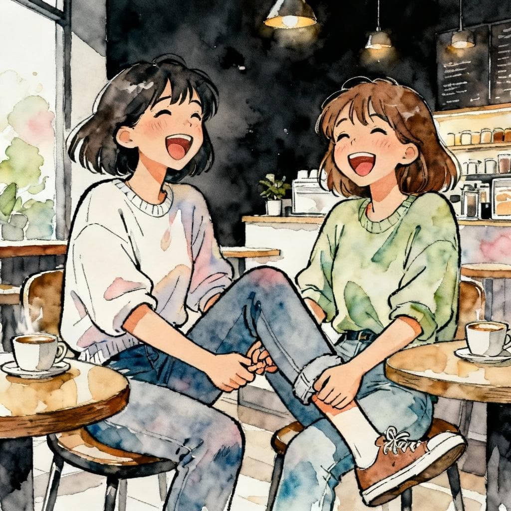 Charming ink and watercolor painting, clean lines, vibrant but soft color palette, storybook style, dark background. Two friends laughing heartily in a modern café, one friend gently pulling the other's leg (figuratively, with a playful expression), demonstrating the meaning 'to pull someone's leg'.