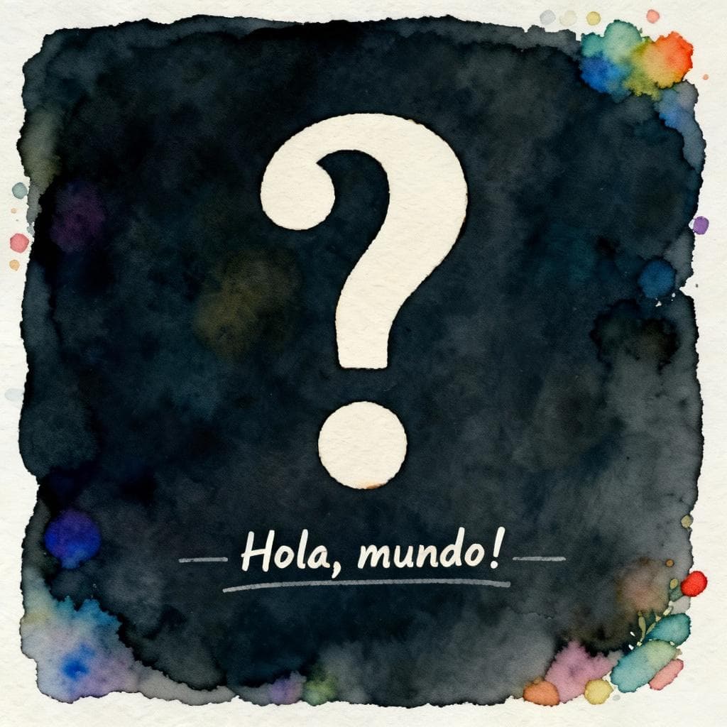 Charming ink and watercolor painting, clean lines, vibrant but soft color palette, storybook style, dark background; large inverted Spanish punctuation marks ¿ and ¡ centered, with a faint line of Spanish text below; simple composition