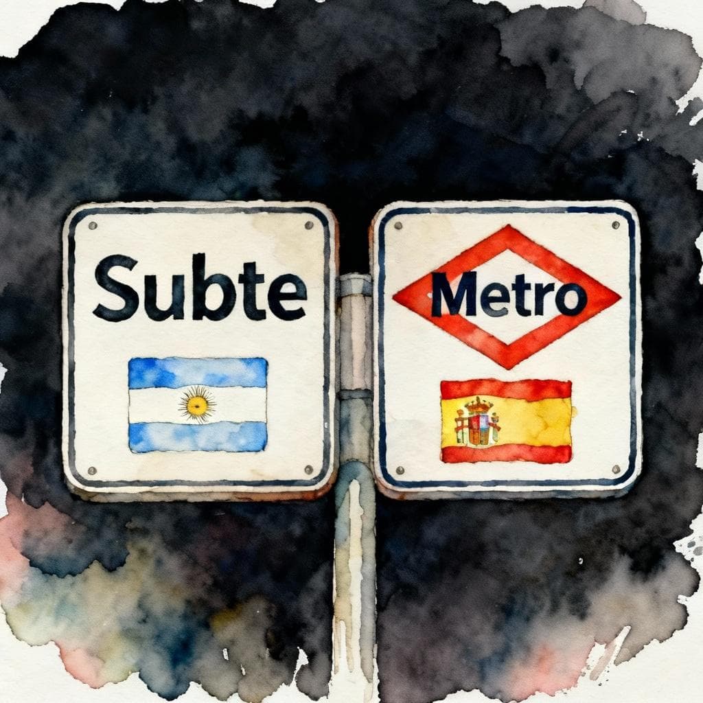Two simple transit signs side by side: one reads ‘Subte’ with a small Argentina flag, the other reads ‘Metro’ with a small Spain flag; charming ink and watercolor painting, clean lines, vibrant but soft palette, storybook style, dark background