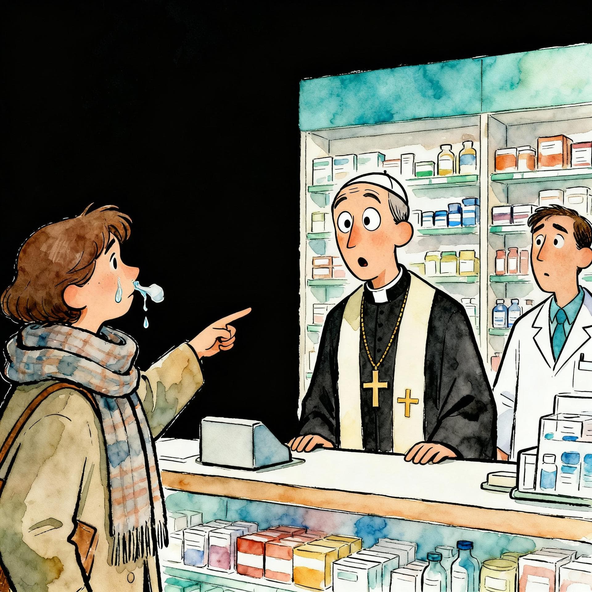 A charming ink and watercolor painting, clean lines, vibrant but soft color palette, storybook style, dark background. A customer with a visible cold stands in a pharmacy, pointing toward a surprised Catholic priest wearing vestments. A pharmacist looks puzzled.