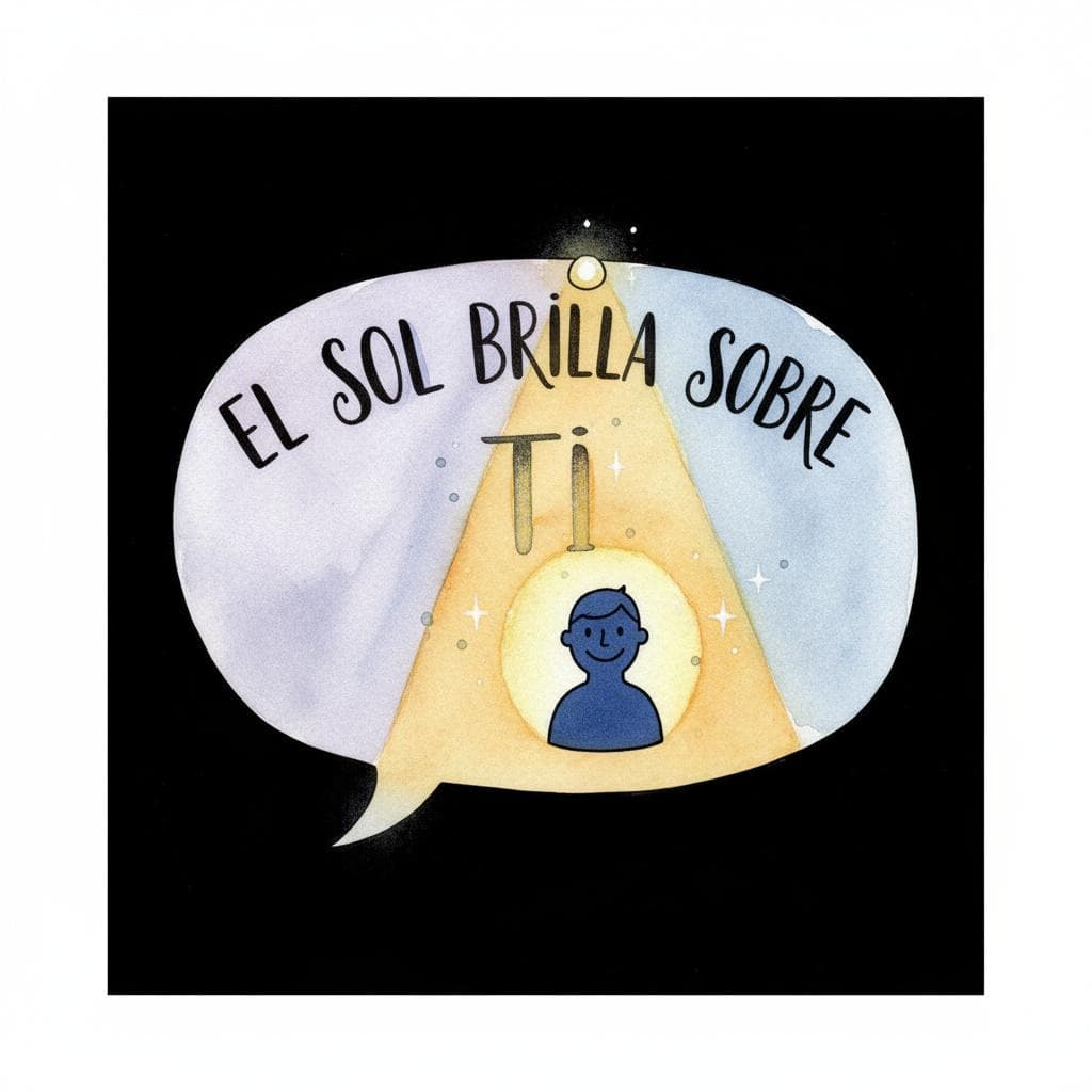 Charming ink and watercolor painting, clean lines, vibrant but soft color palette, storybook style: A whimsical illustration of a small, ethereal glowing spotlight shining directly on a simple, friendly cartoon person's silhouette within a Spanish sentence written in a stylized speech bubble. The verb and other parts of the sentence are visible but in softer colors or shadow, emphasizing the person being highlighted. black background.