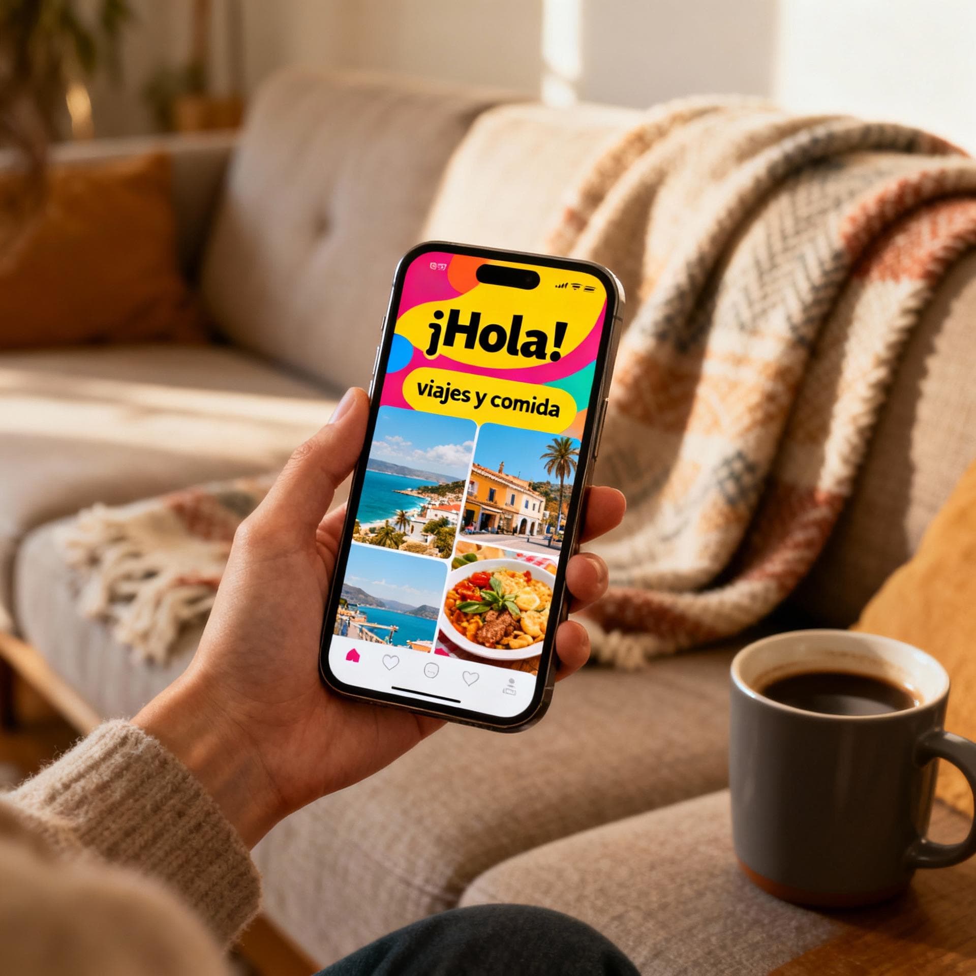 A hand holding a smartphone, where the screen displays a vibrant, colorful feed filled with Spanish text and images of travel and food. The background is a cozy living room couch.