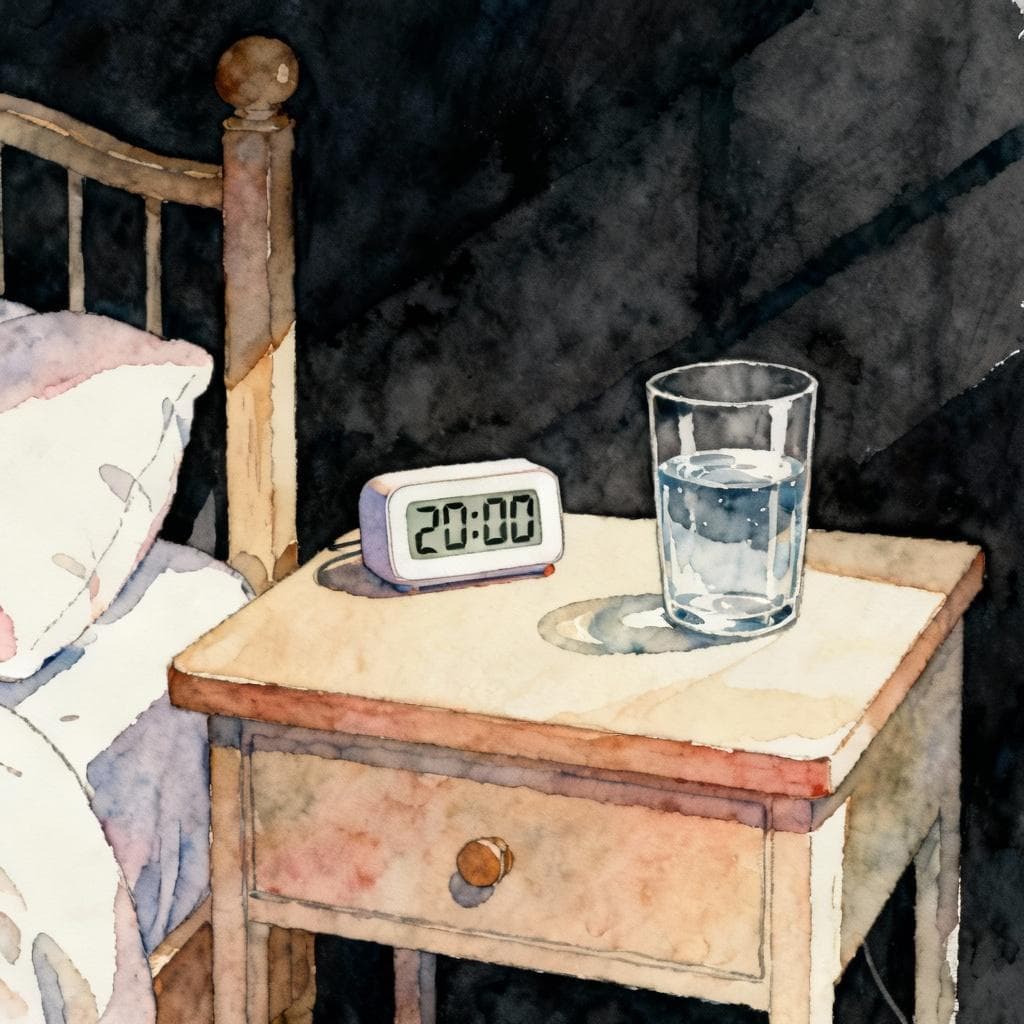 Minimal still life of a bedside table with a small digital timer reading “20:00” and a glass of water; uncluttered composition; charming ink and watercolor, clean lines, vibrant but soft colors, storybook style, dark background