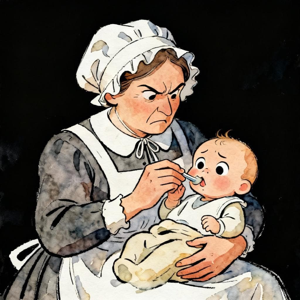 Charming ink and watercolor painting, clean lines, vibrant but soft color palette, storybook style, dark background. A historical scene showing a stern, grumpy wet nurse feeding a baby. The baby looks slightly distressed.