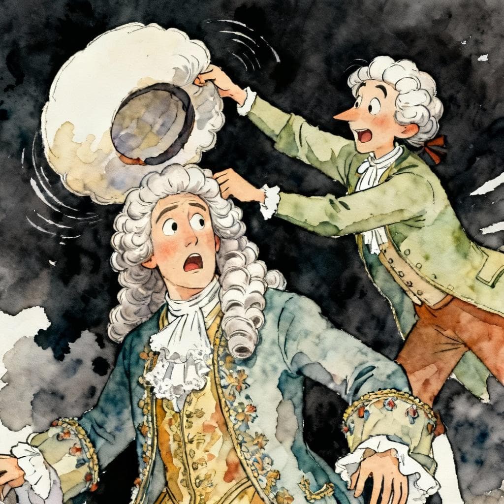 Charming ink and watercolor painting, clean lines, vibrant but soft color palette, storybook style, dark background. A historical scene showing a mischievous person quickly snatching a large, powdered wig off the head of a surprised, richly dressed aristocrat.