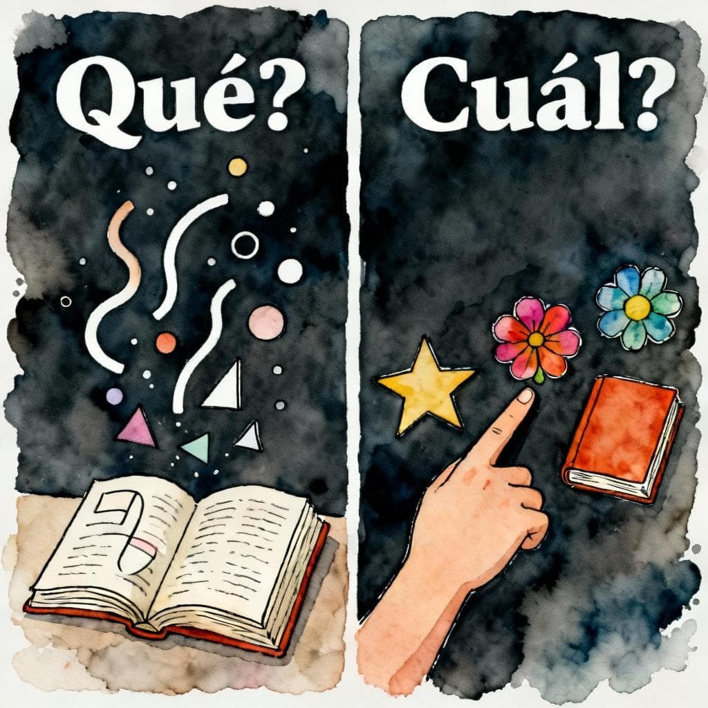 A split-panel illustration. On the left, under a large 'Qué?', an open dictionary with abstract symbols coming out. On the right, under a large 'Cuál?', a hand pointing to one of three colorful, distinct items. Ink and watercolor, clean lines, soft vibrant colors, storybook style, dark background.