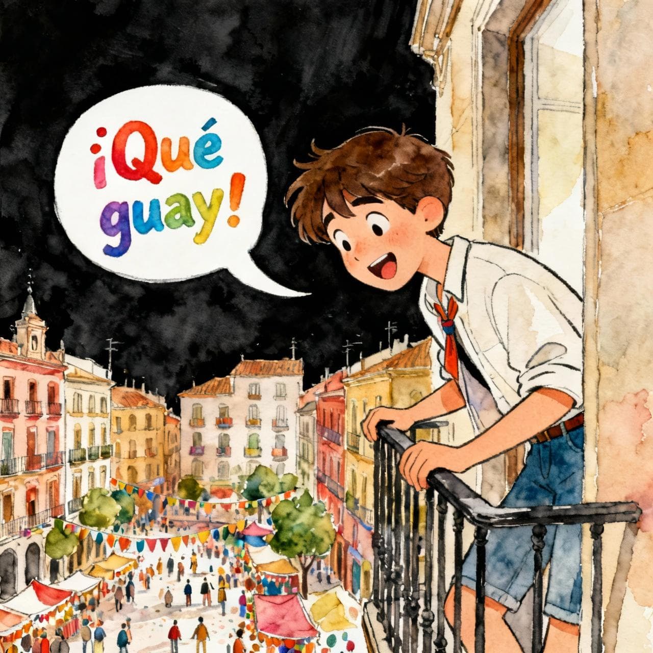 A stylish young person leaning on a balcony in a vibrant Spanish city, looking down at a street festival with an excited and happy expression. A colorful speech bubble next to them says "¡Qué guay!". Charming ink and watercolor painting, clean lines, vibrant but soft color palette, storybook style. black background.