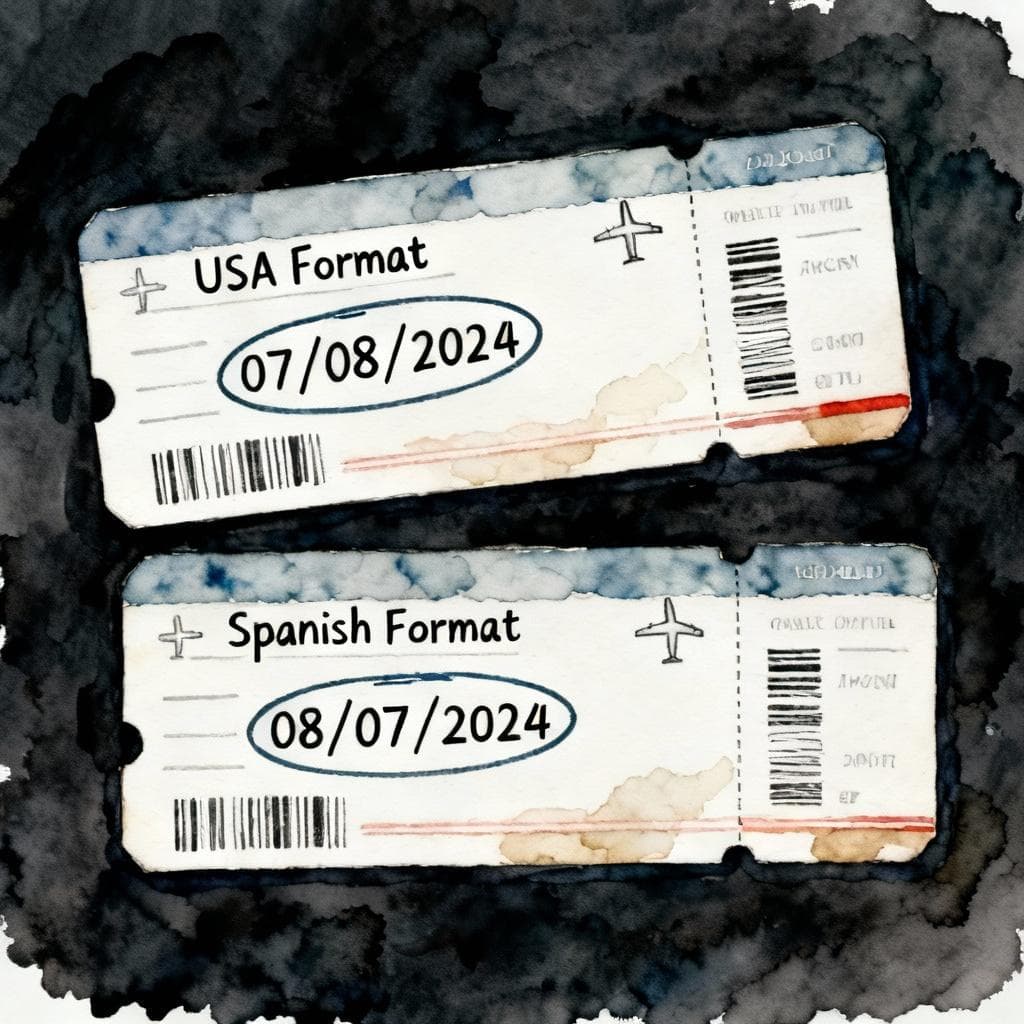 Clean ink and watercolor illustration of two stylized plane tickets side-by-side. One is labeled "USA Format" with the date "07/08/2024" circled. The other is labeled "Spanish Format" with the date "07/08/2024" circled, showing the day and month are swapped. Simple, clear, and educational. Storybook style, dark background.