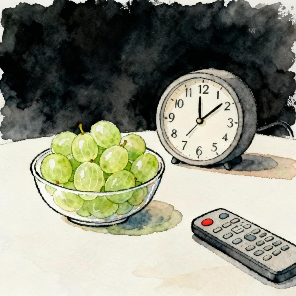 Charming ink and watercolor painting, clean lines, vibrant but soft color palette, storybook style, dark background. Minimal scene: a small bowl of peeled seedless green grapes beside a simple round clock showing 12 o’clock; a TV remote nearby; no people.