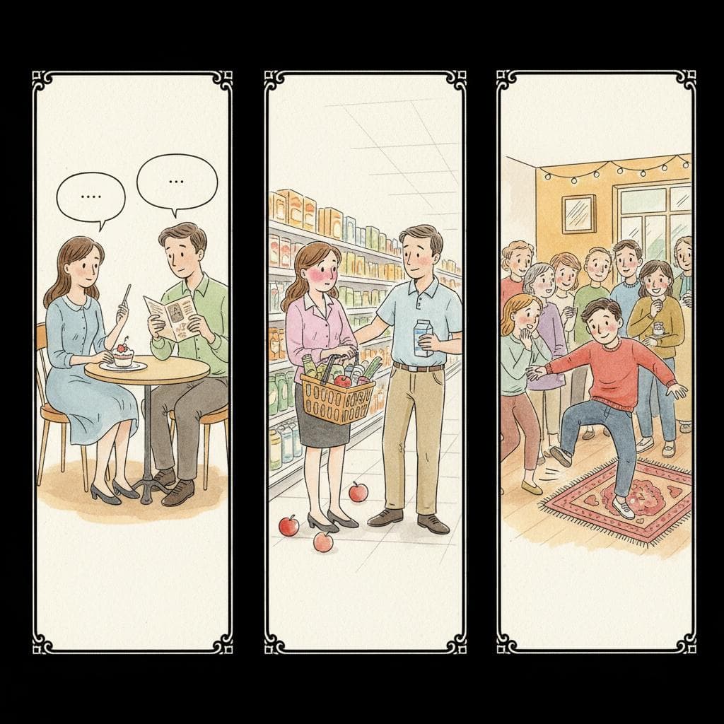 A triptych or collage of three subtly awkward scenes: a first date with a long, uncomfortable silence; two people (one clearly a coworker) bumping into each other in a grocery store aisle with one person looking flustered; someone tripping lightly over their own feet in a crowded but friendly room. Each scene should convey a mild sense of embarrassment or discomfort without being overly dramatic. black background.