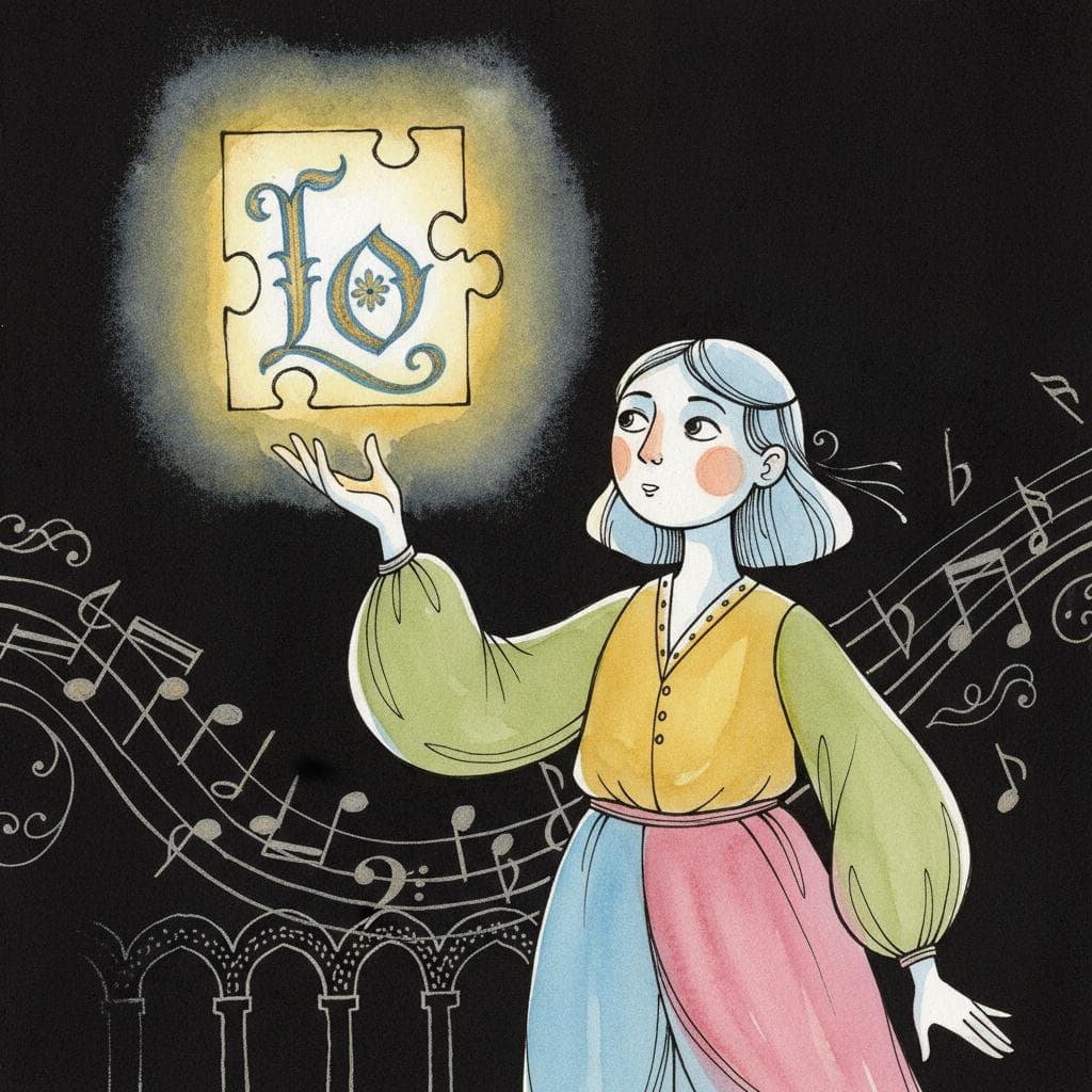 A curious person (could be an adult or a stylized character) with a quizzical expression, observing a small, glowing, mysterious Spanish word "lo" floating like a puzzle piece. Background hints at Spanish culture (e.g., subtle musical notes, architectural arches) in a soft, dreamlike way. The overall mood is one of discovery and gentle mystery. black background.