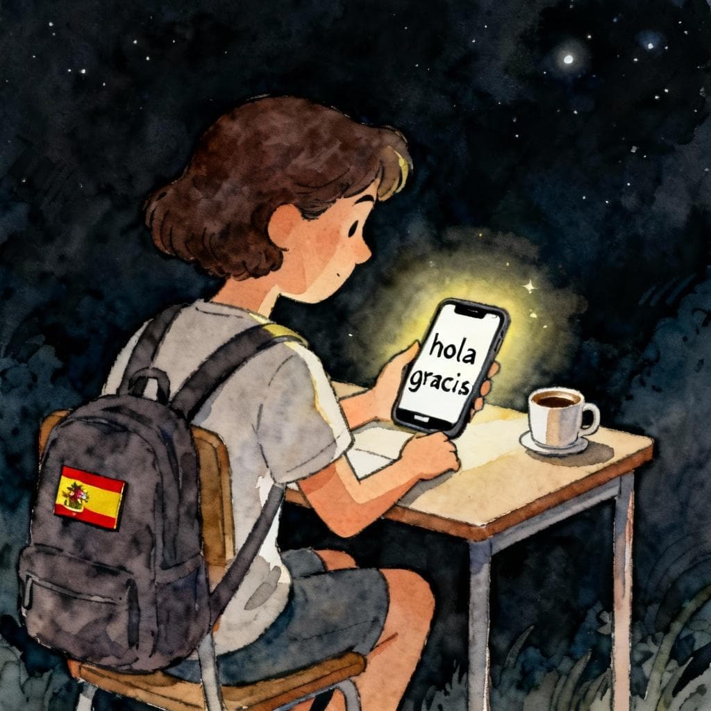 Charming ink and watercolor painting of a single adult learner at a small desk at night, looking at a phone showing simple Spanish words like “hola” and “gracias.” Soft glow from the screen, a small coffee cup on the desk, and a subtle Spanish flag pin on the backpack. Clean lines, vibrant but soft colors, storybook style, dark background.