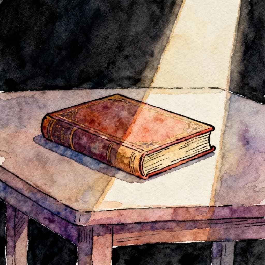 Charming ink and watercolor painting, clean lines, vibrant but soft colors, storybook style on a dark background: a single vintage hardback book on a table with a narrow beam of light illuminating it; minimal surrounding detail; no text