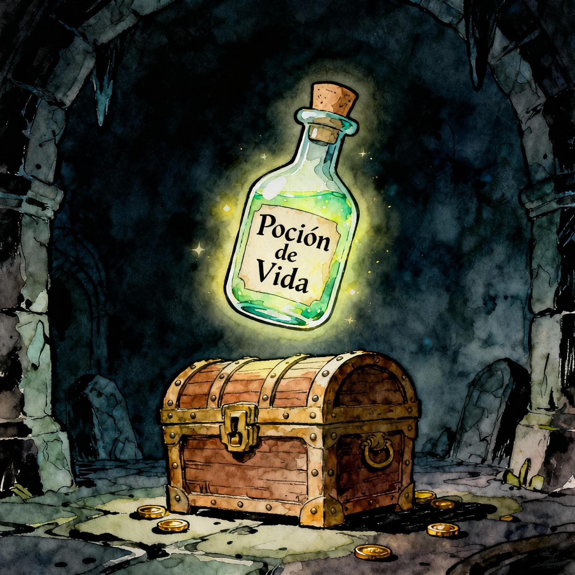 A stylized, glowing health potion bottle labeled with the text 'Poción de Vida' floating above a treasure chest in a dark, fantasy dungeon setting. Charming ink and watercolor painting, clean lines, vibrant but soft color palette, storybook style, dark background.