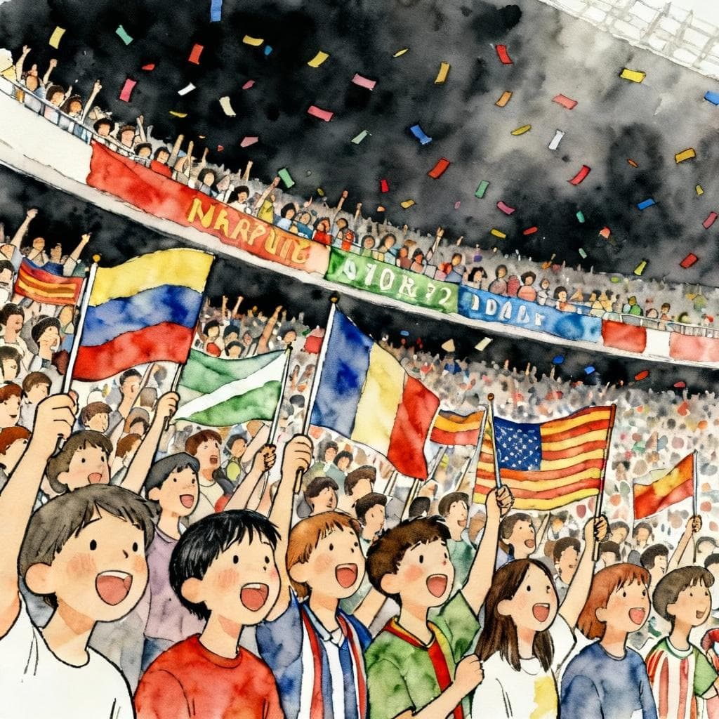 Crowd of hinchas in a stadium waving flags and singing, colorful banners, confetti in the air — charming ink and watercolor painting, clean lines, vibrant but soft color palette, storybook style, dark background