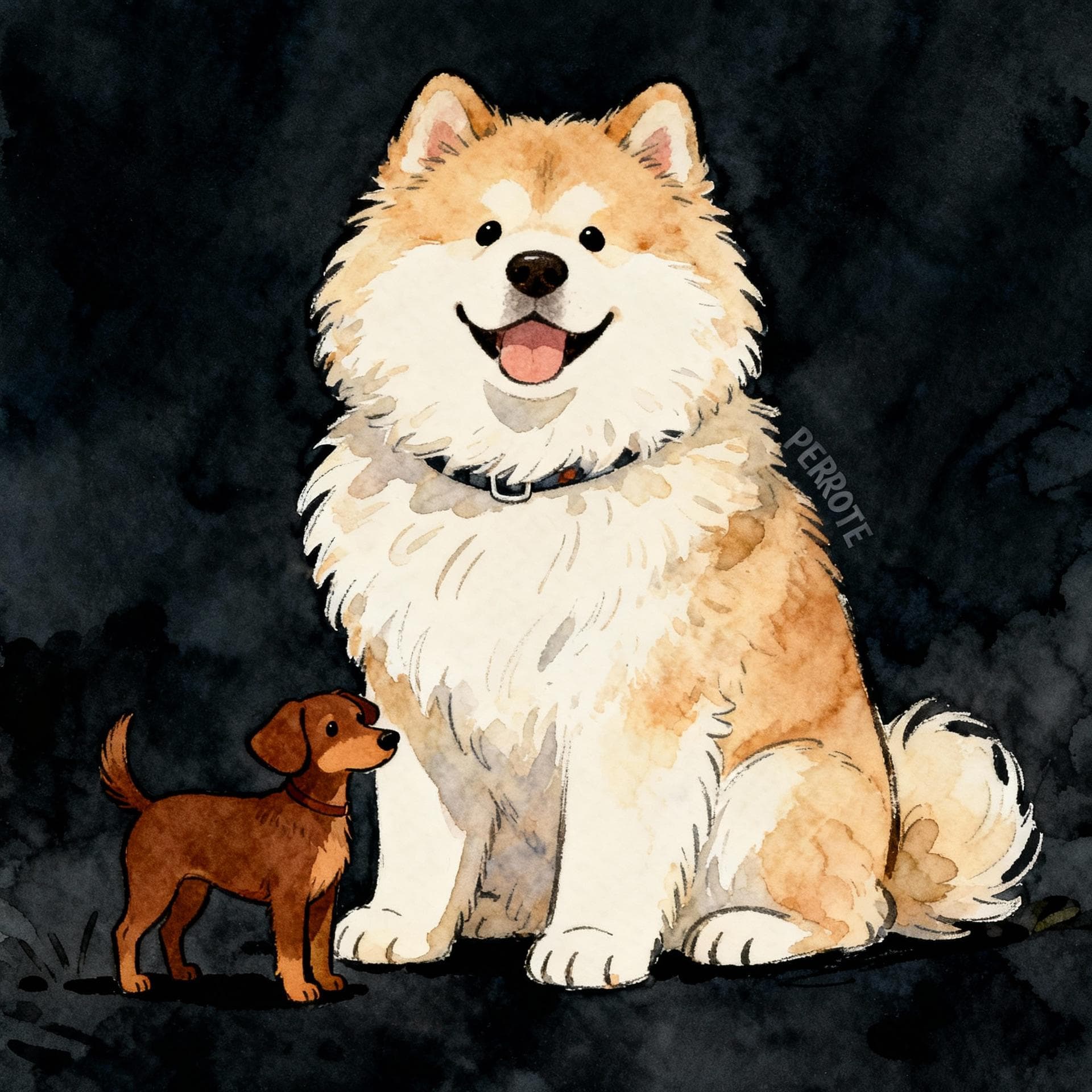 Charming ink and watercolor painting, clean lines, vibrant but soft color palette, storybook style, dark background. A small, regular-sized brown dog stands next to a massive, fluffy, friendly dog. The massive dog has the word 'PERROTE' written subtly near its collar.