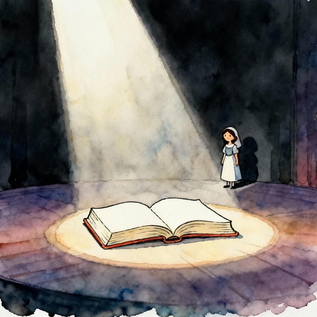 A spotlight shining intensely on a single, open book placed on a stage. A small figure of a woman (María) is standing slightly in the shadow behind the book. Charming ink and watercolor painting, clean lines, vibrant but soft color palette, storybook style, dark background.