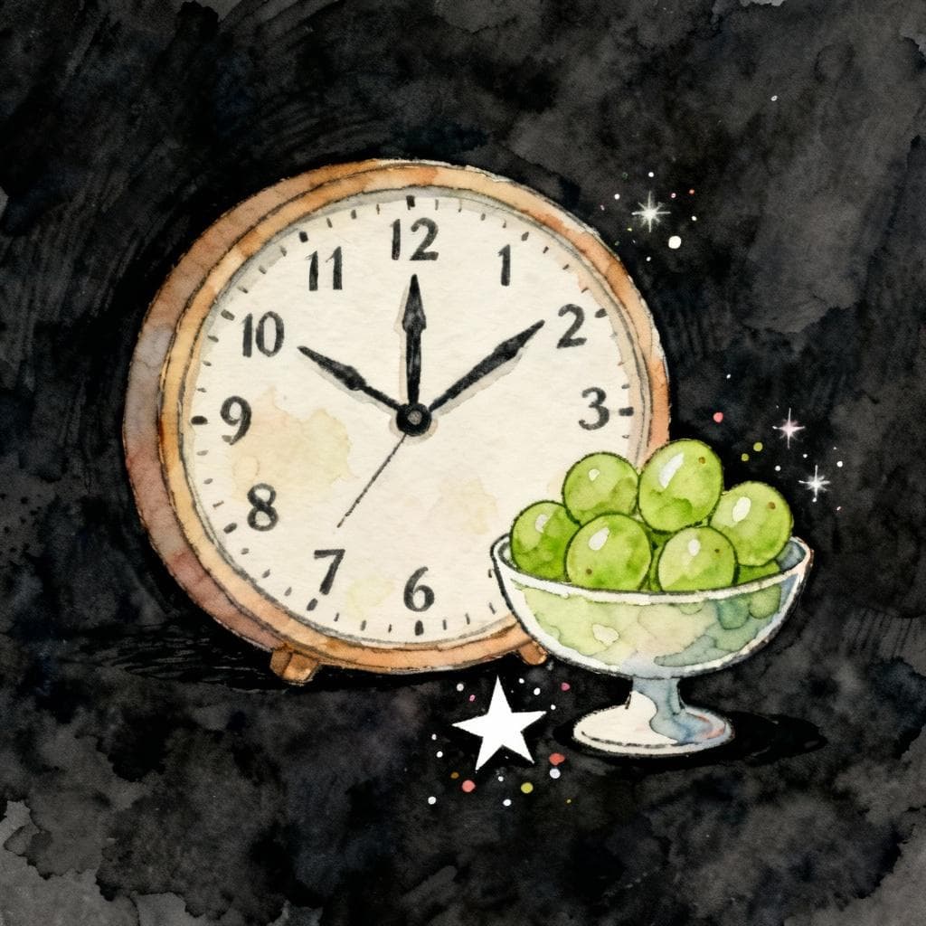 Simple New Year’s moment: an analog clock at midnight and a small bowl with exactly 12 green grapes beside a tiny confetti star. Optional subtle sparkle. Charming ink and watercolor, clean lines, vibrant but soft colors, storybook style, dark background.