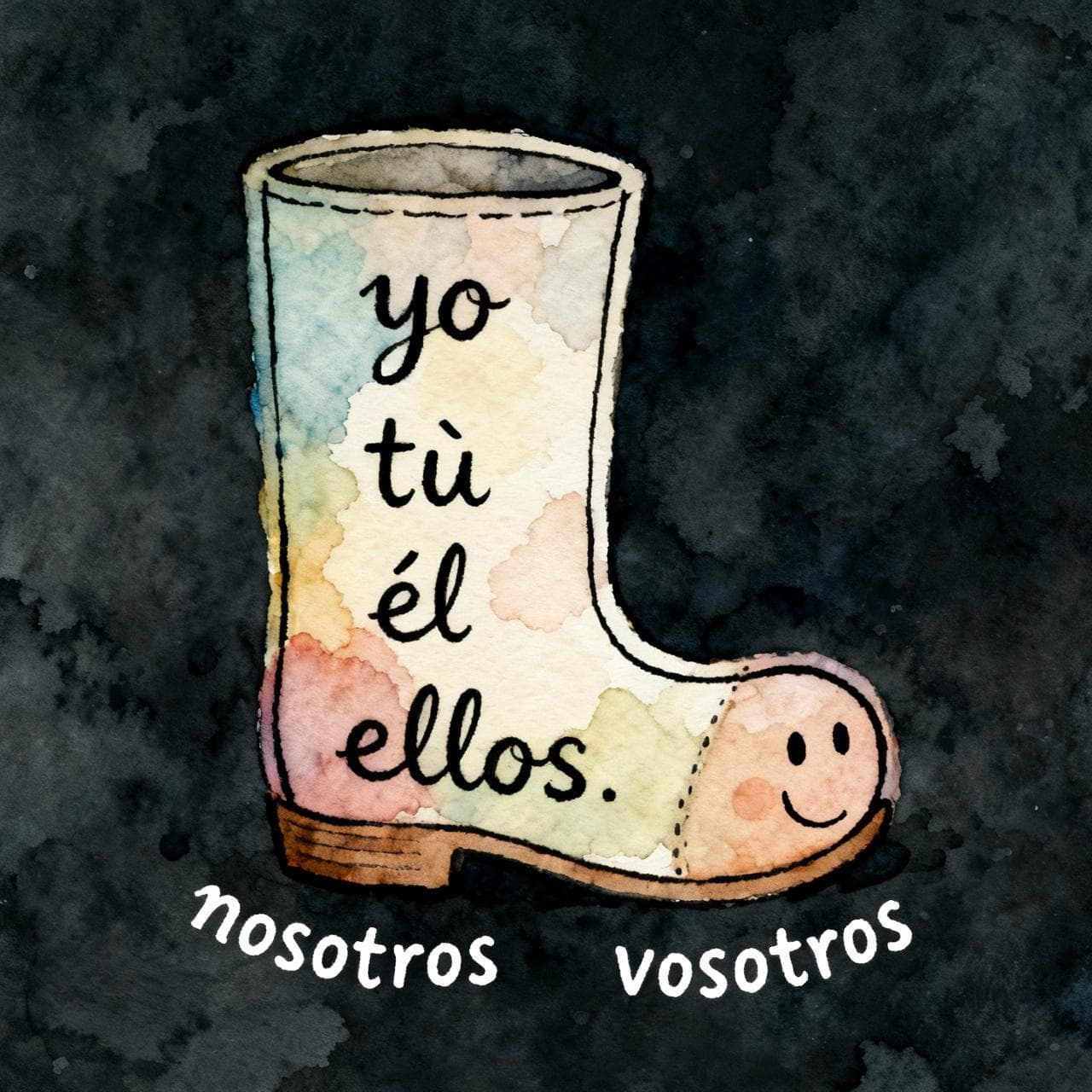 A whimsical, friendly boot drawn around a Spanish verb conjugation chart. The pronouns yo, tú, él, and ellos are inside the boot. The pronouns nosotros and vosotros are outside. The boot is the main focus. Ink and watercolor, storybook style, dark background.