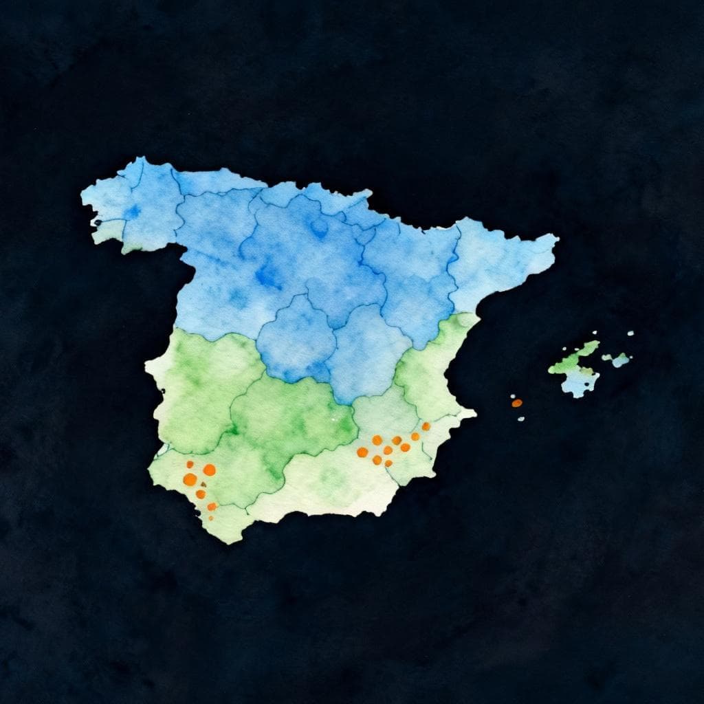 Simple silhouette map of Spain with three tones: cool blue for most of the north/center (distinción), soft green across much of Andalusia (seseo), and small orange dotted pockets in the southwest for ceceo; a tiny island cluster to the southwest indicating the Canary Islands; no text labels; charming ink and watercolor painting, clean lines, vibrant but soft color palette, storybook style, dark background