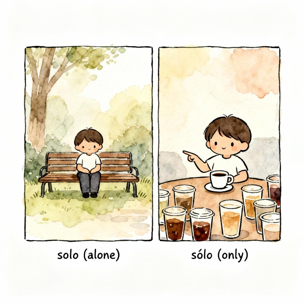 A simple split-panel illustration. On the left, under the text 'solo (alone)', a single character sits peacefully on a park bench. On the right, under the text 'sólo (only)', the character points at a single coffee cup on a table with many other drinks. Charming ink and watercolor painting.
